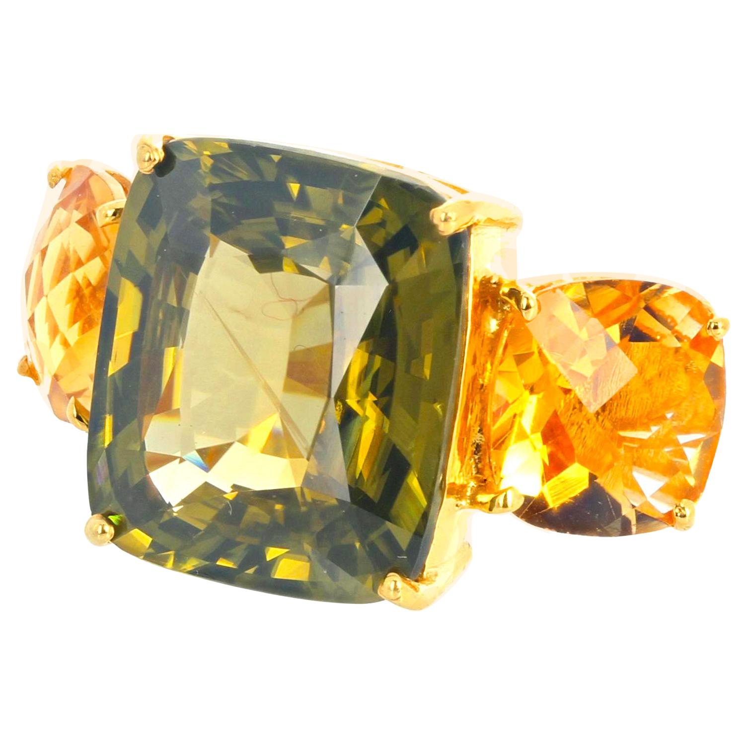 AJD VERY RARE Intensely Brilliant Fiery Green 22.68 Ct ZIRCON & Citrine Ring For Sale