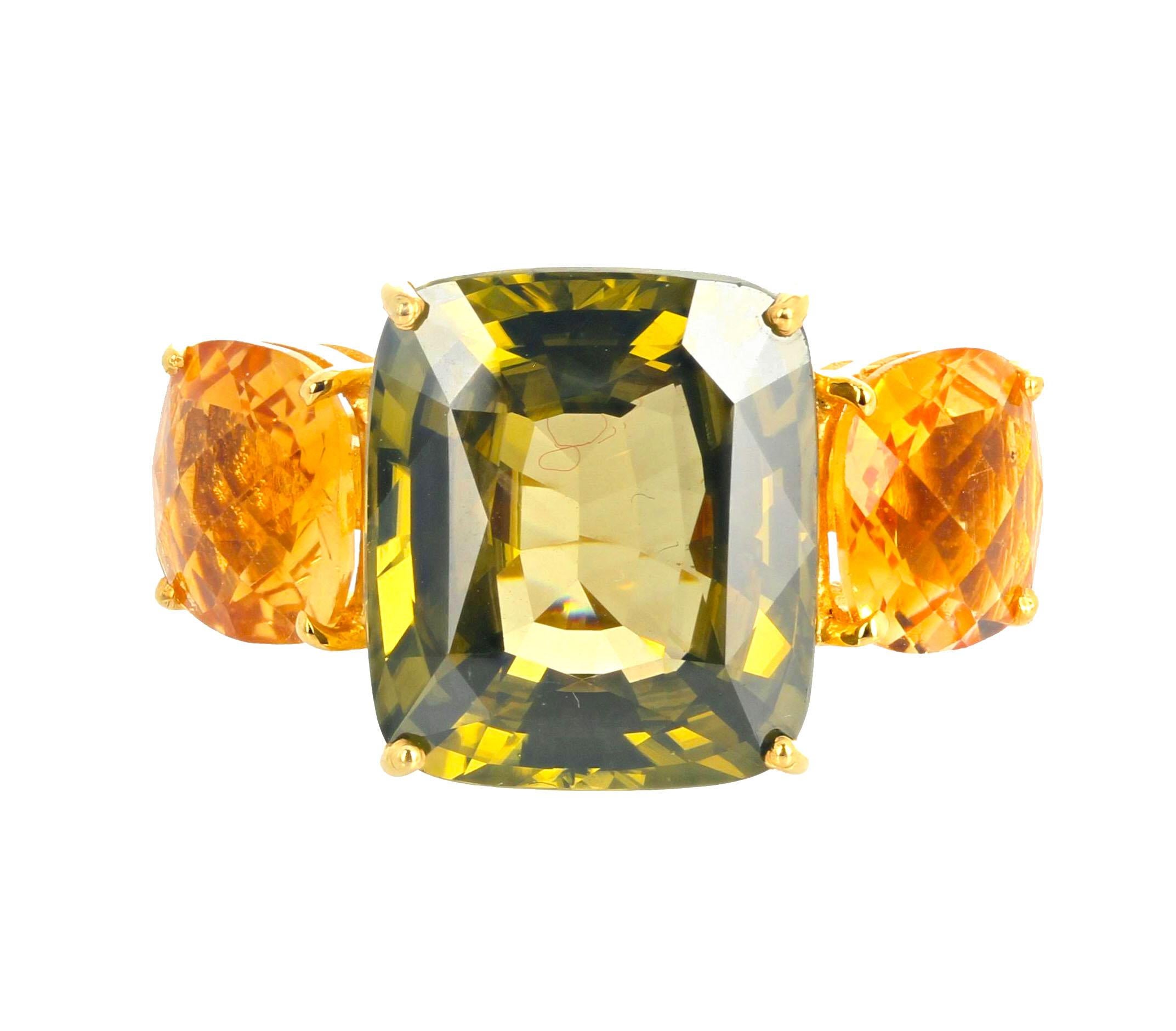 This dazzling natural real 22.68 carat center fiery natural cushion cut green Sri Lankan Zircon is flanked by 6.48 carats of very large brilliant checkerboard gemcut cushion cut Citrines.  This is sterling silver yellow gold plated size 7 (sizable