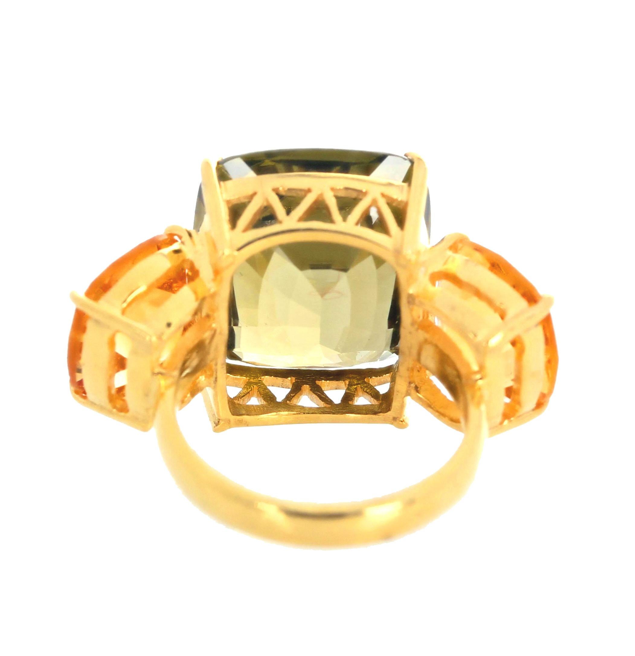 Cushion Cut AJD VERY RARE Intensely Brilliant Fiery Green 22.68 Ct ZIRCON & Citrine Ring For Sale