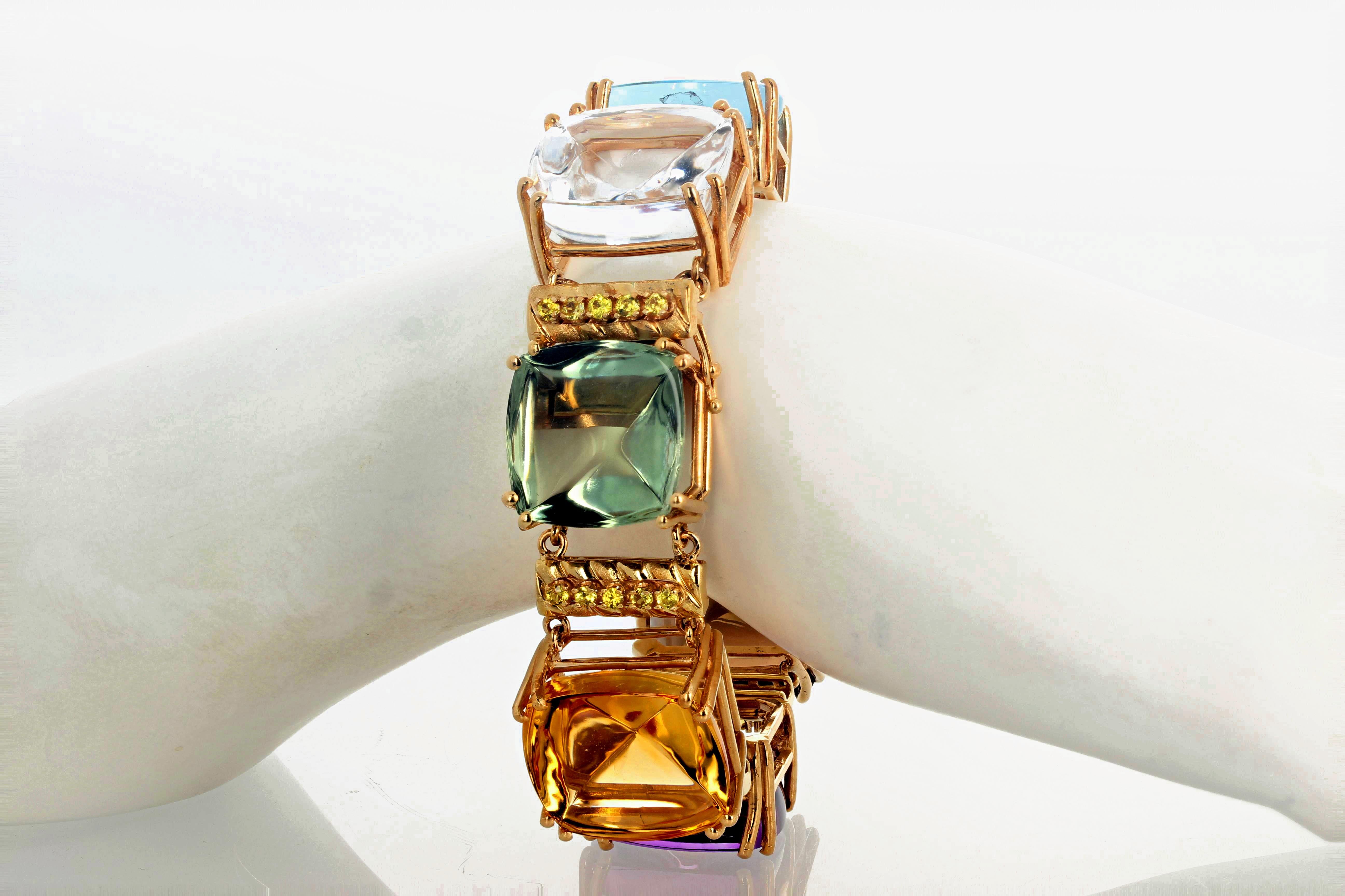 AJD Gorgeous STATEMENT Making Multi-RealGemstones 14 Kt Yellow Gold Bracelet For Sale 2