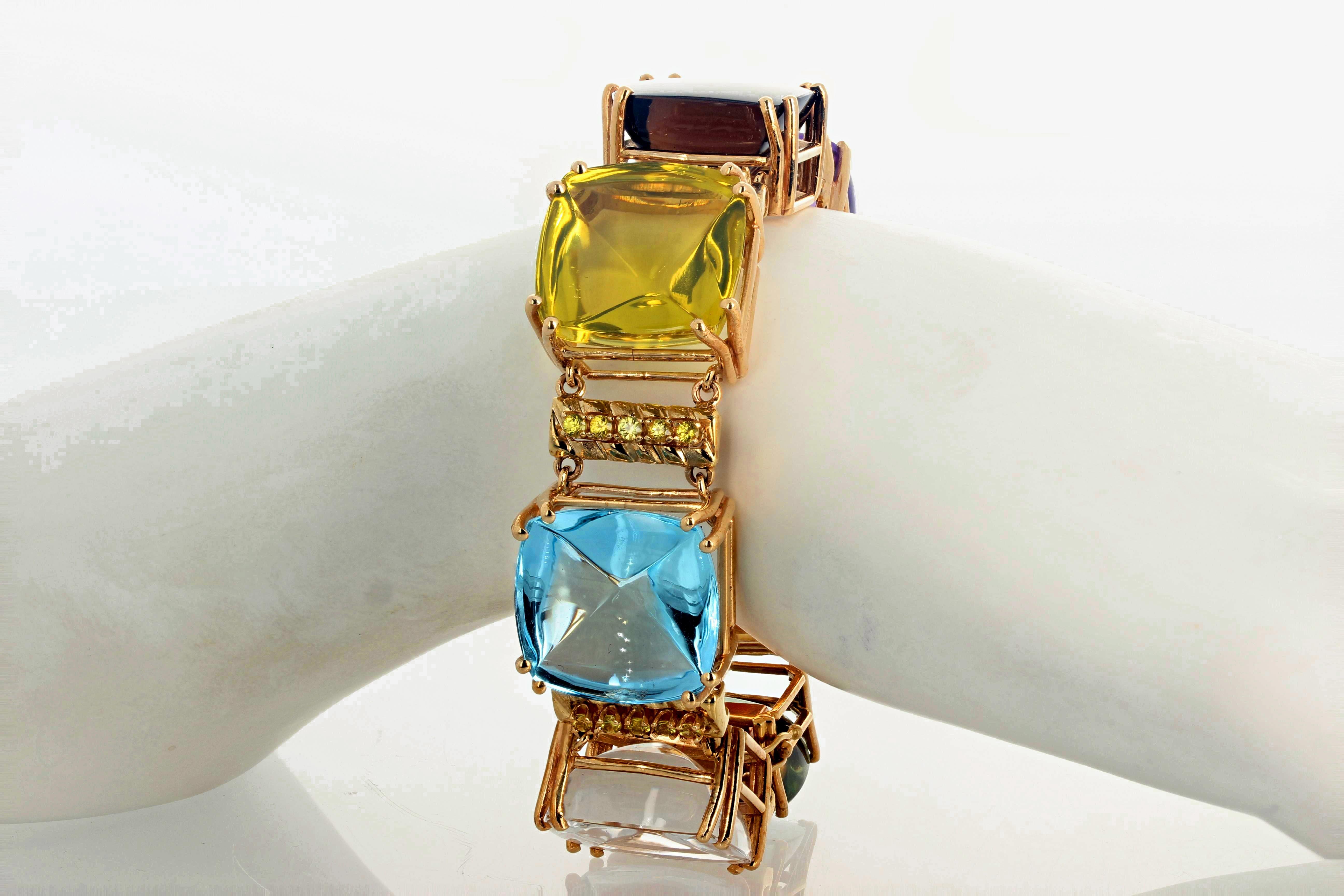 AJD Gorgeous STATEMENT Making Multi-RealGemstones 14 Kt Yellow Gold Bracelet For Sale 3
