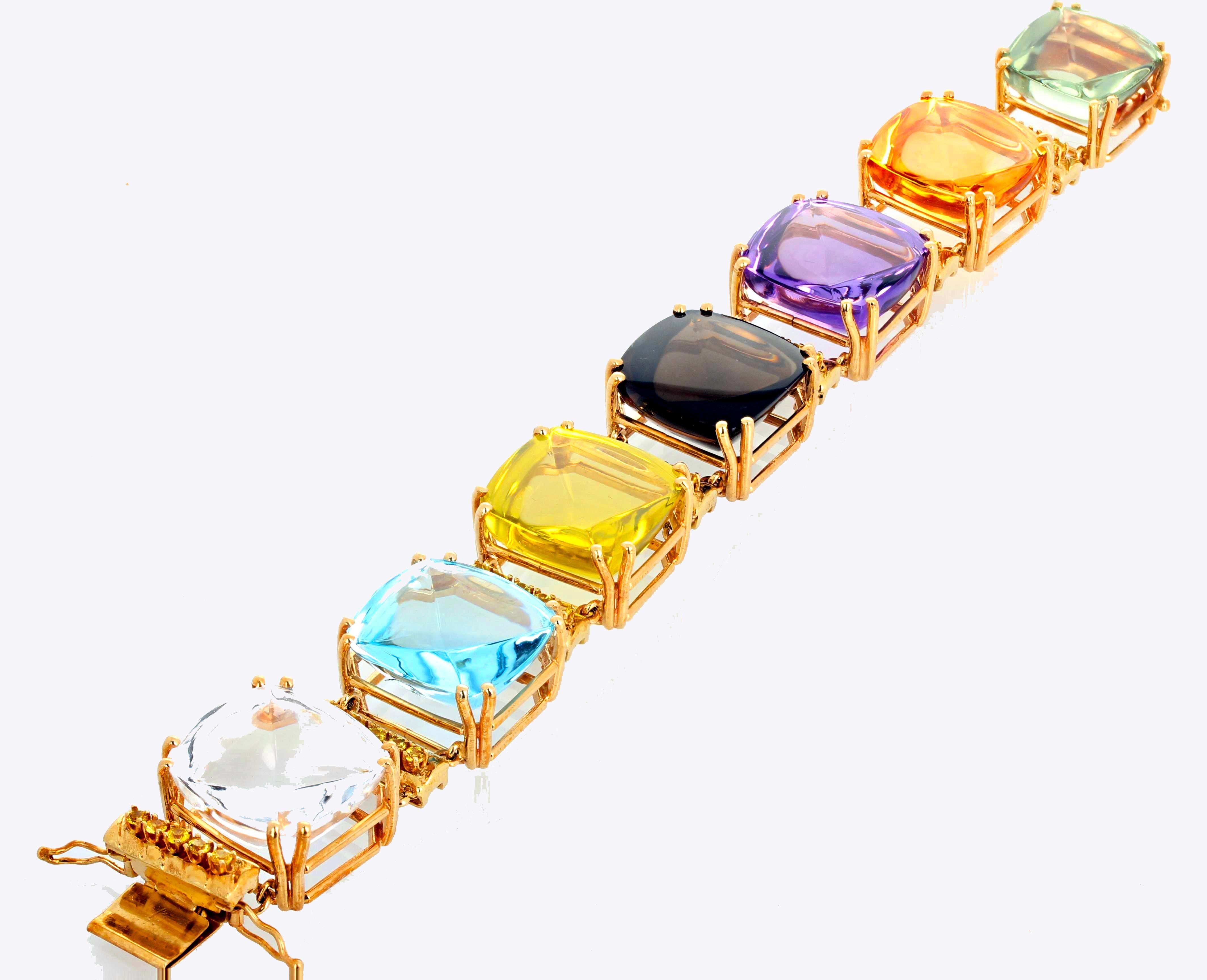 Cushion Cut AJD Gorgeous STATEMENT Making Multi-RealGemstones 14 Kt Yellow Gold Bracelet For Sale
