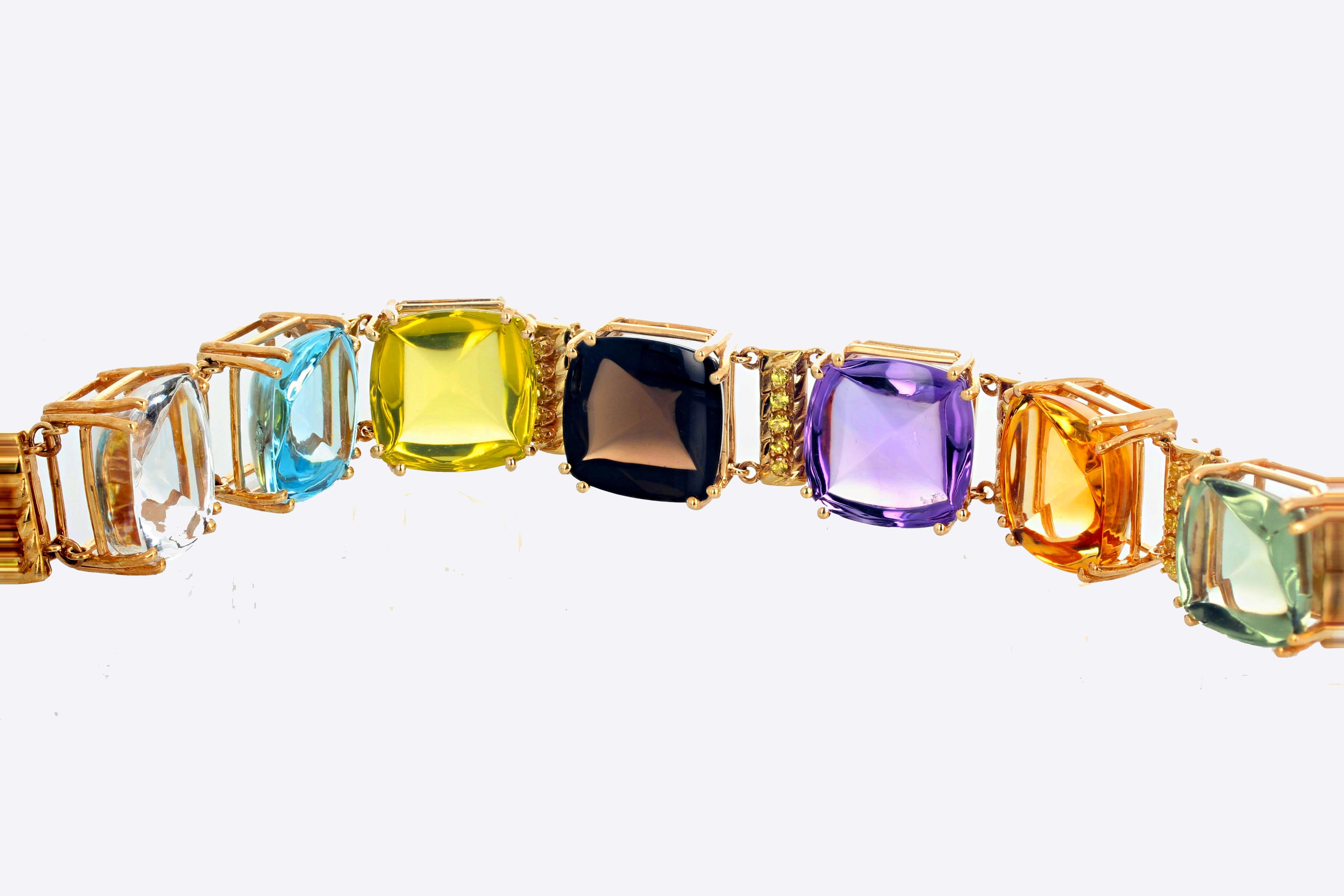 Women's or Men's AJD Gorgeous STATEMENT Making Multi-RealGemstones 14 Kt Yellow Gold Bracelet For Sale
