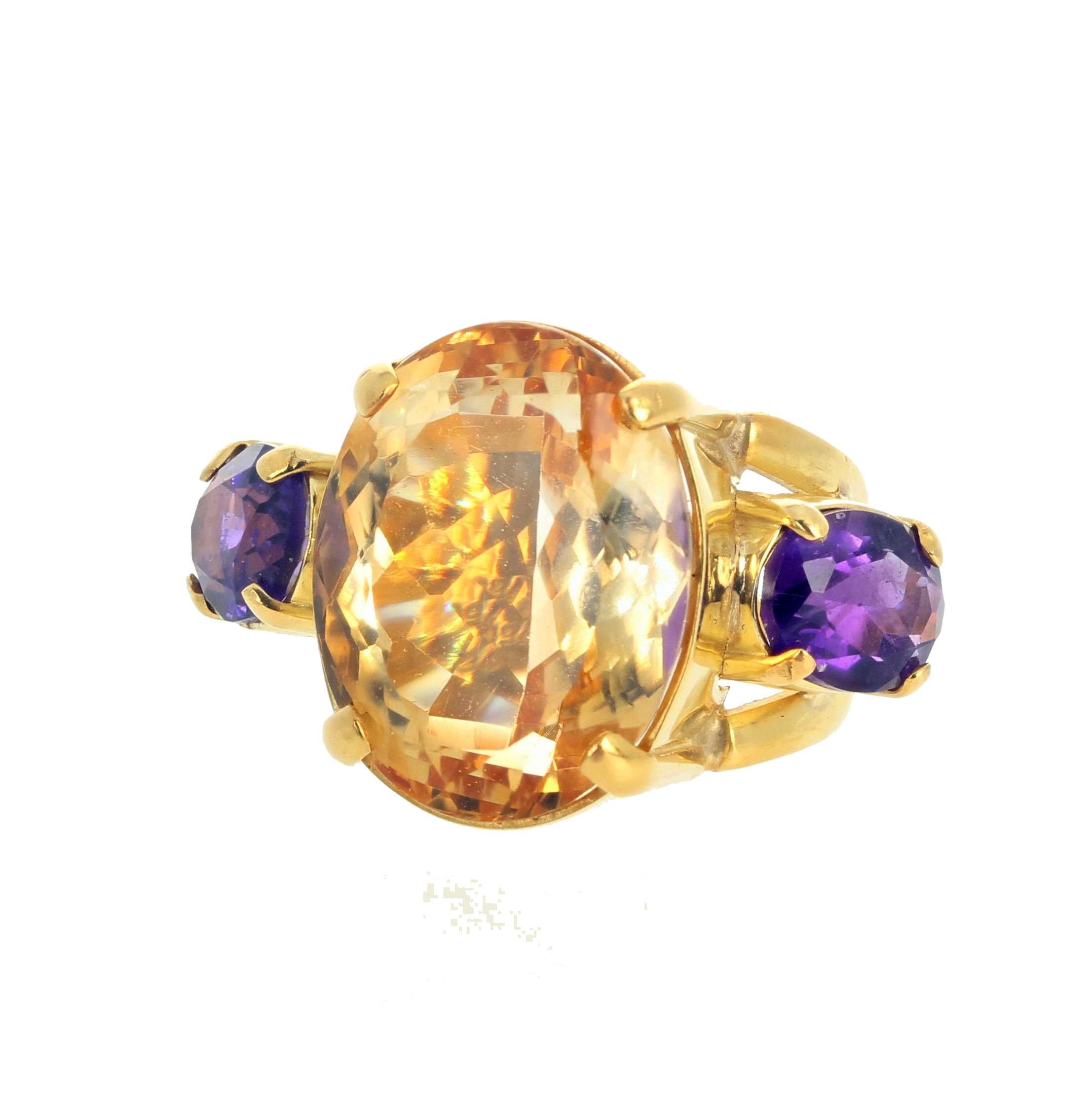 Women's or Men's AJD Gloriously Beautiful 26Ct Citrine & Amethyst Impressive 18K Yellow Gold Ring For Sale