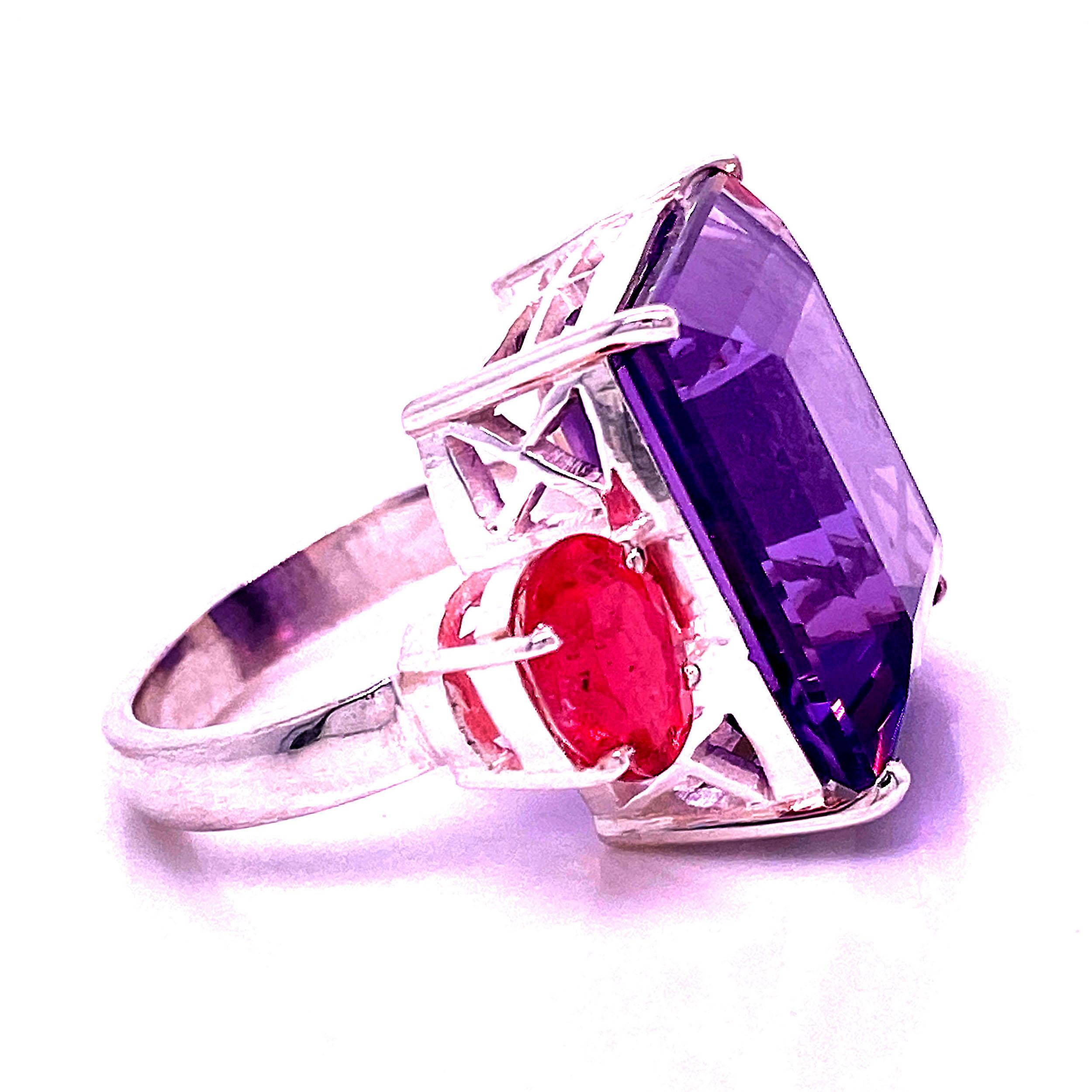 Gemjunky Amethyst and Pink Tourmaline Sterling Silver Ring  February Birthstone In New Condition In Raleigh, NC