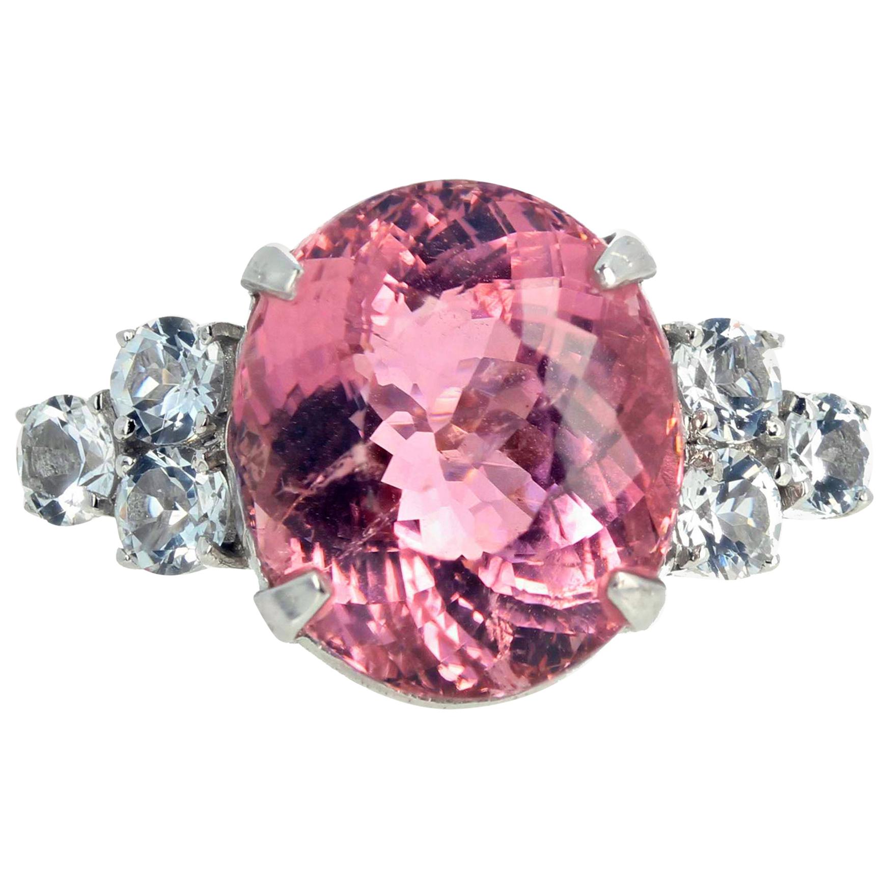 AJD CLEAR GORGEOUS 14.38 Ct Sparkling Pink Tourmaline & Real White Zircons Ring