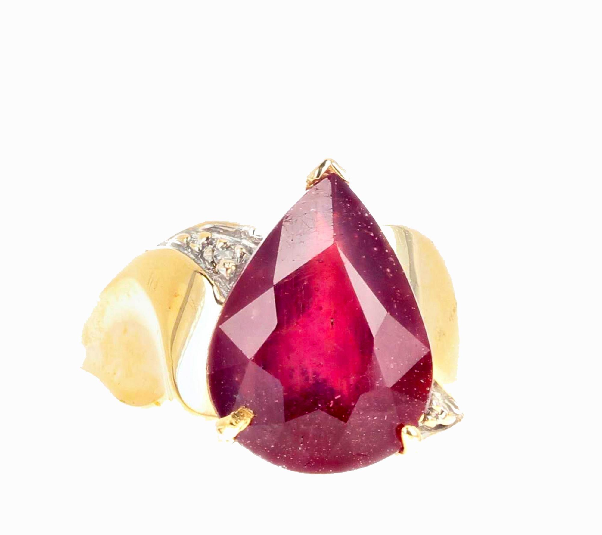Pear Cut AJD Intense GLOWING Red 7.78 Ct. Natural Sapphire & Diamond 14K Yellow Gold Ring For Sale