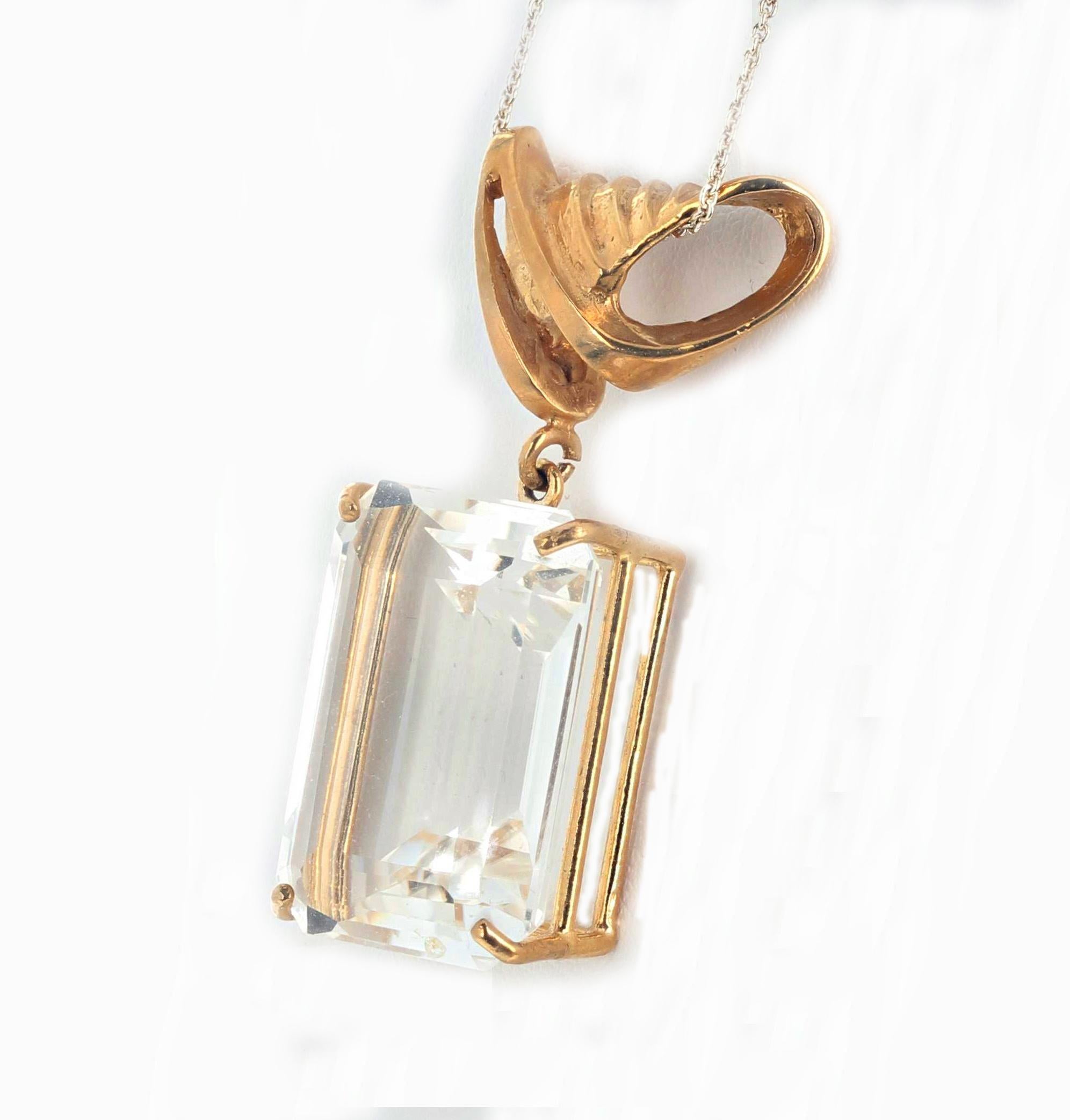 AJD Magnificent Big 33ct. Sparkling Cushion Cut RARE Goshenite Gold Pendant In New Condition In Raleigh, NC