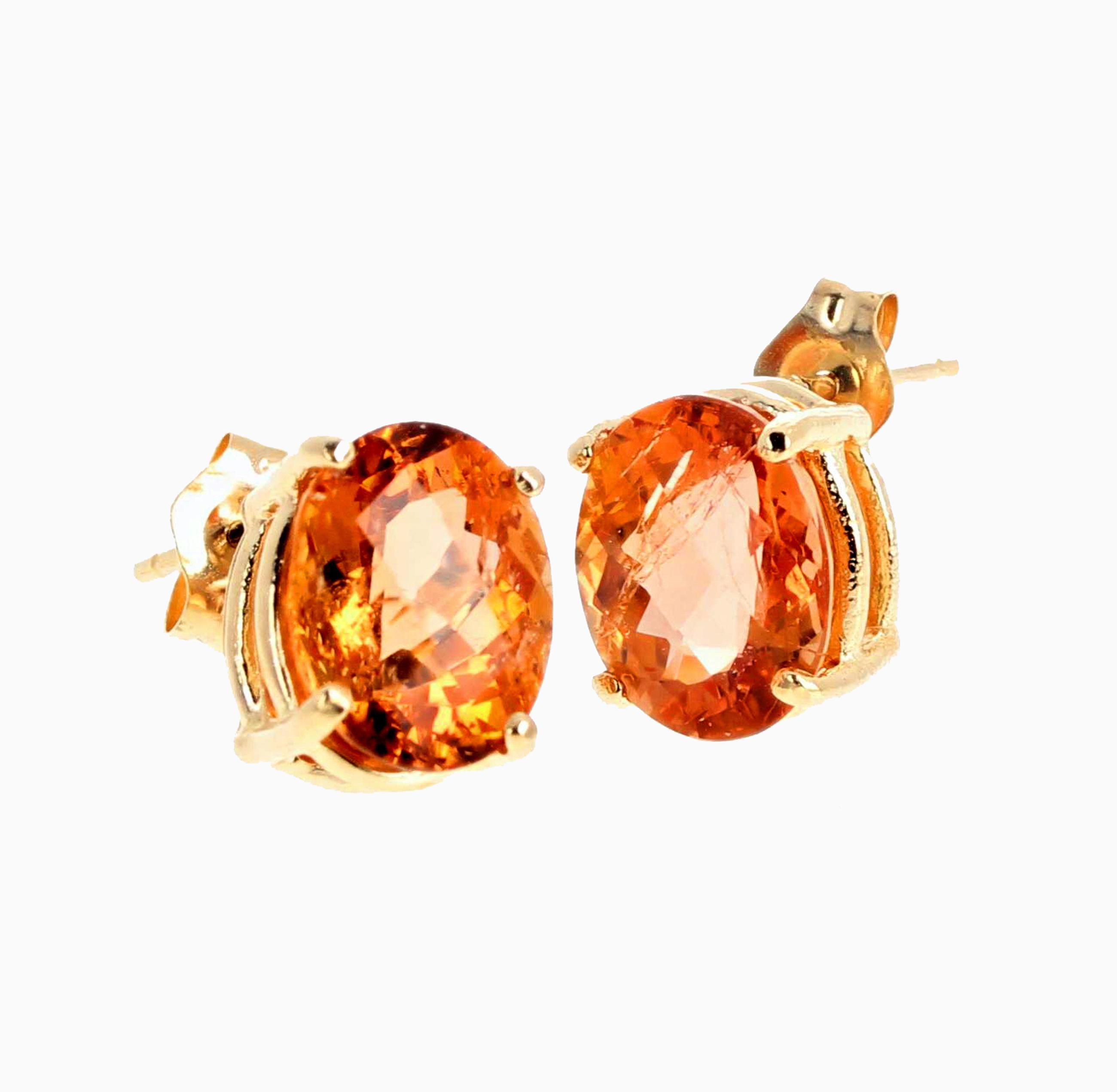 These beautiful glittering Orangy natural Tourmalines (2.45 carats each approximately) are set in 14Kt yellow gold stud earrings.  The gemstones measure 9.3mm x 7.7mm.  There are no eye visible inclusions in either gemstone.  