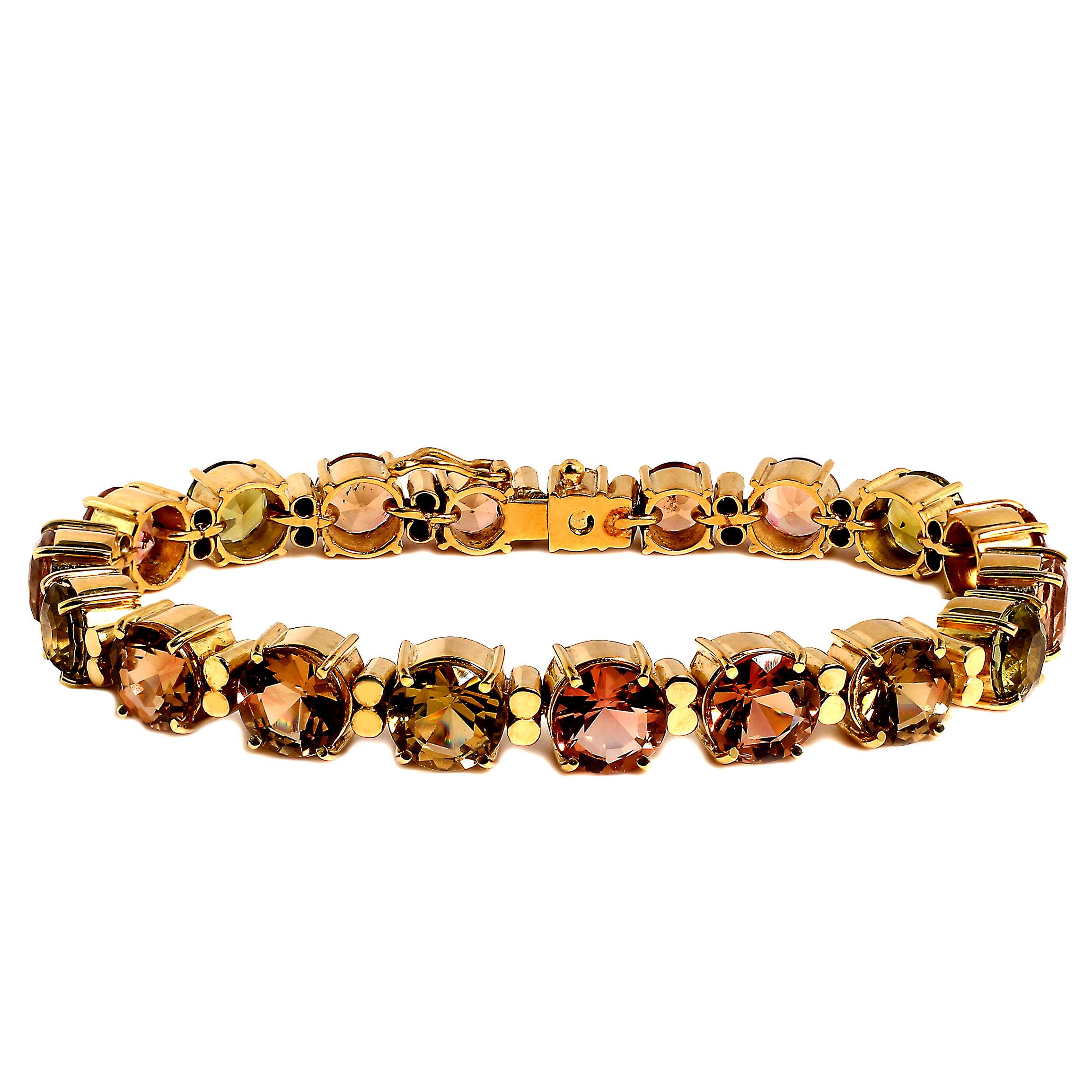 Artisan AJD Multi-Color Tourmaline 'Tennis Bracelet' and 18 Karat Yellow Gold Bracelet For Sale