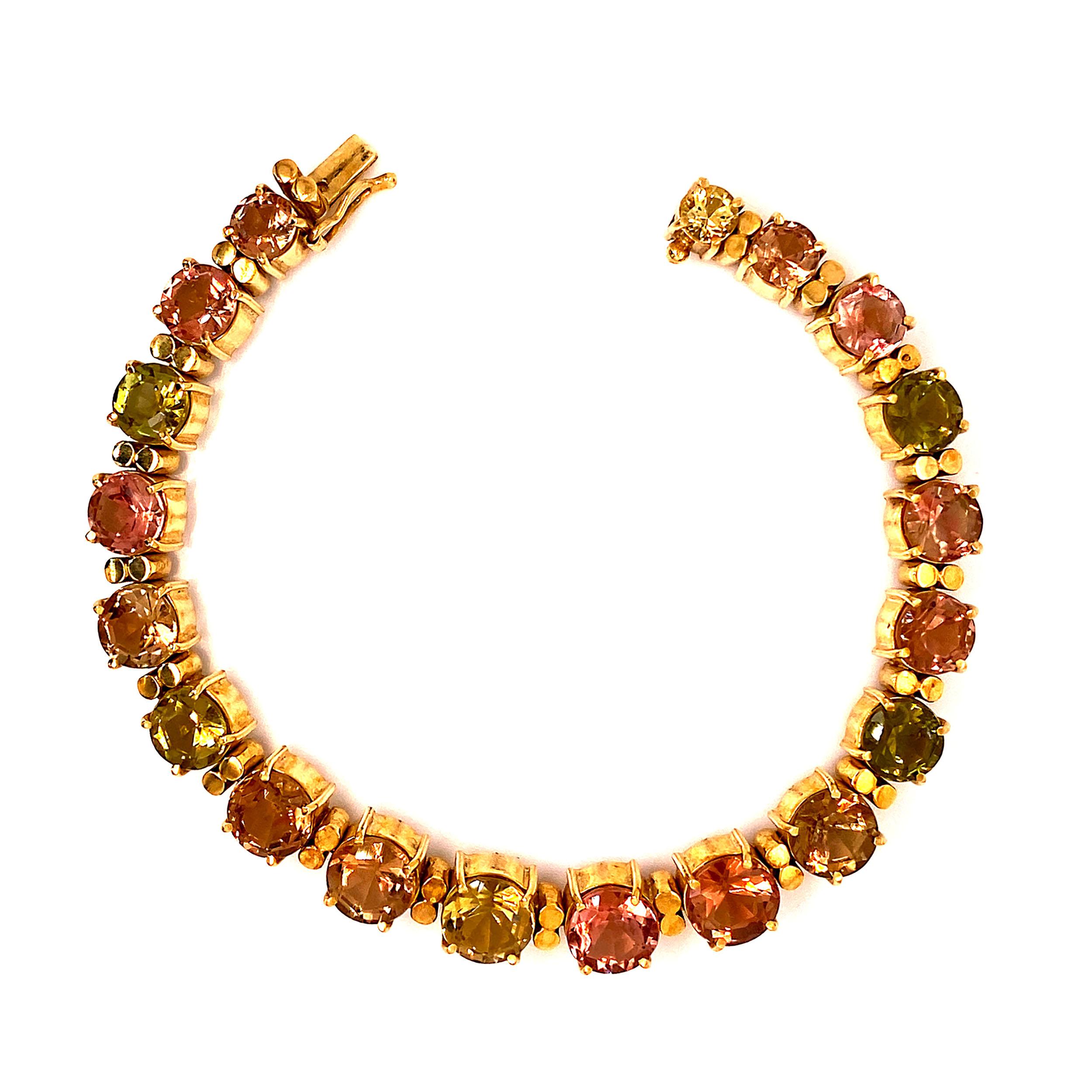 AJD Multi-Color Tourmaline 'Tennis Bracelet' and 18 Karat Yellow Gold Bracelet In New Condition For Sale In Raleigh, NC