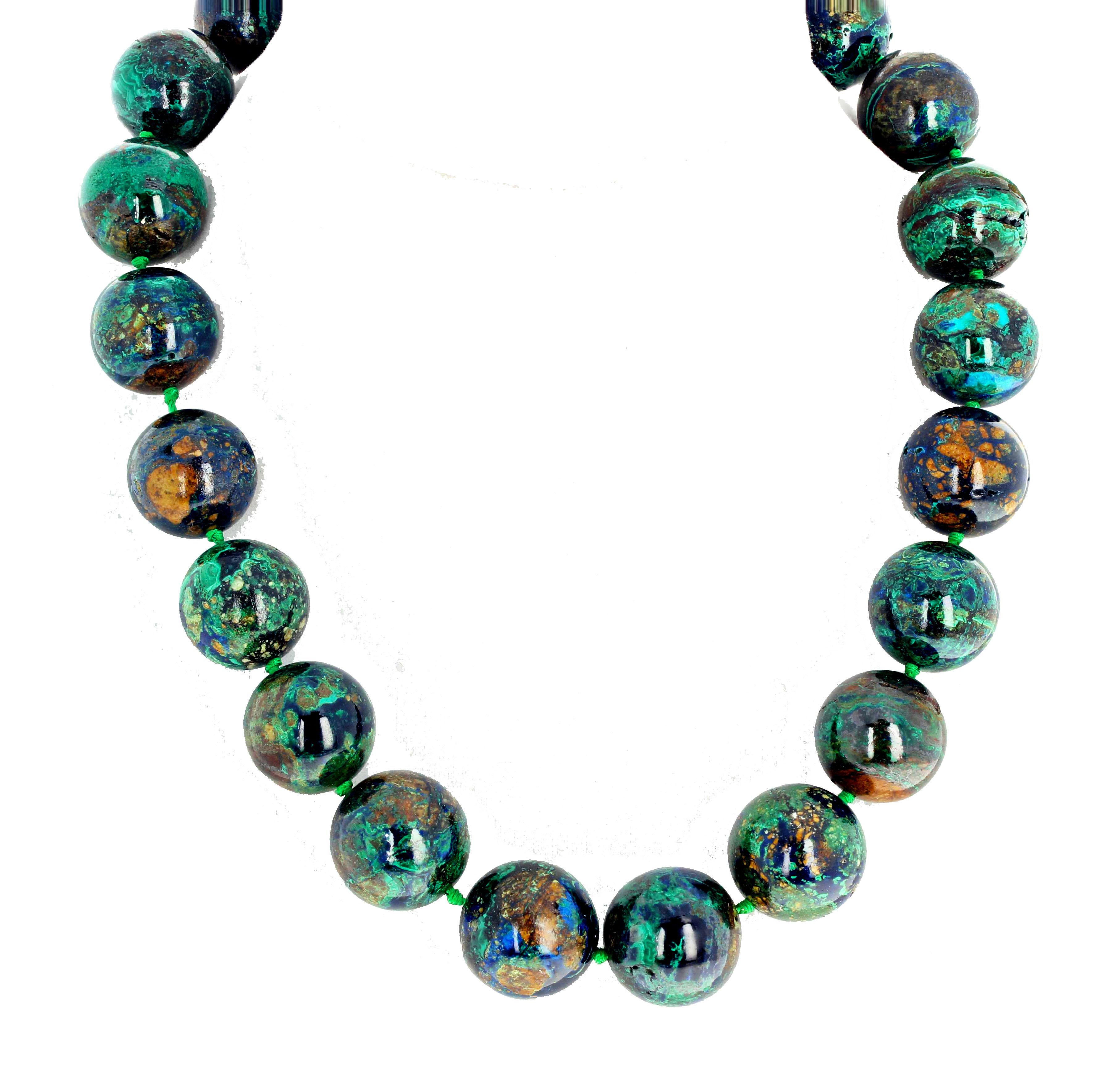 Natural combination of 19 mm round Malachite and Azurite compose this fascinating glowingly polished beautiful blue and green and goldy brown 18 inch long necklace.   The easy to use hook clasp is vermeil (yellow gold plated sterling silver). 