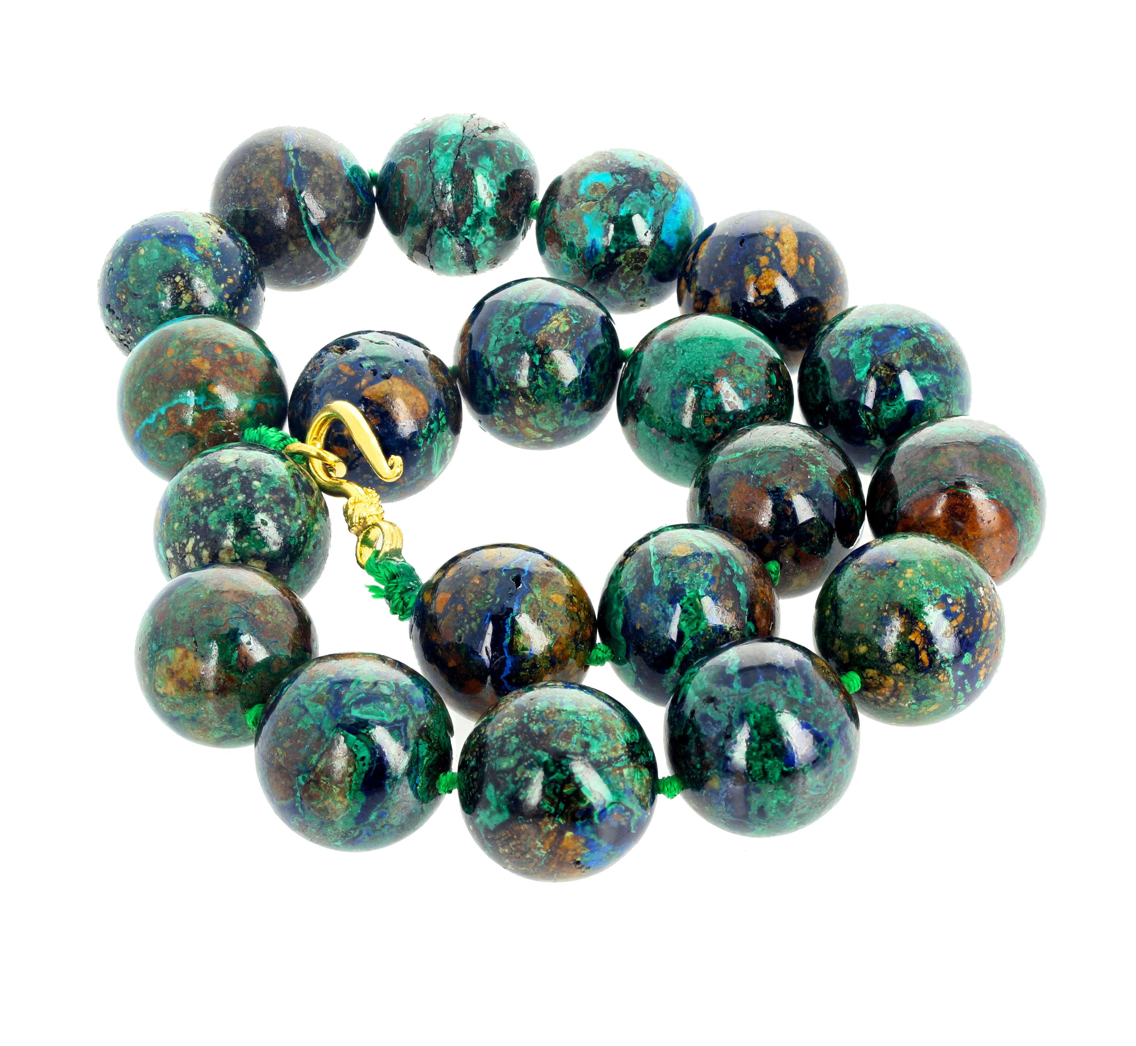 Round Cut Natural Glowing Azurite/Malachite Natural Combination Gemstone Necklace
