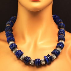 AJD Necklace of Blue Lapis Lazuli Slices with Ribbed Silver Accents