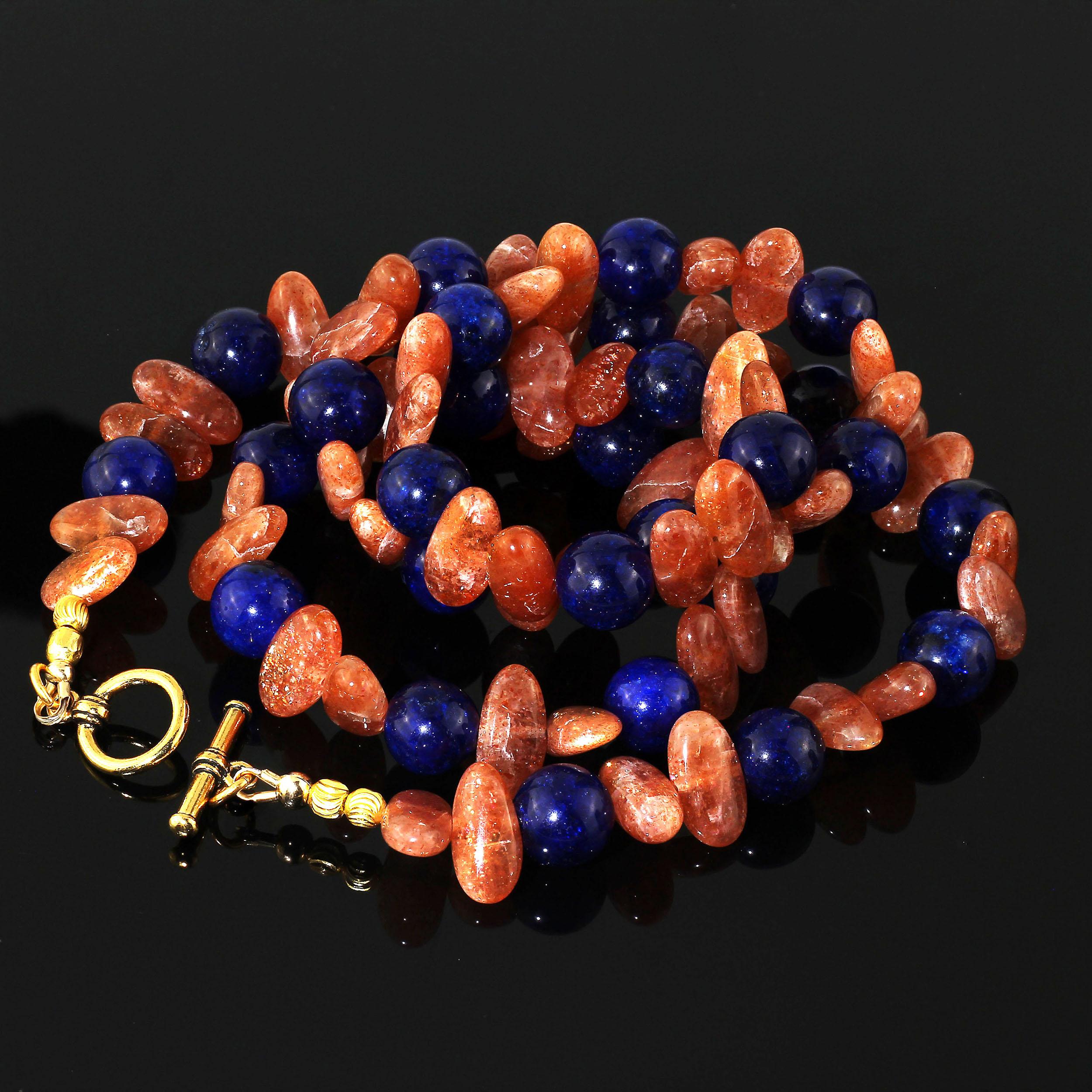  AJD Necklace of Fascinating Oval Glittering Sunstone and Blue Agate Gift Idea! For Sale 1