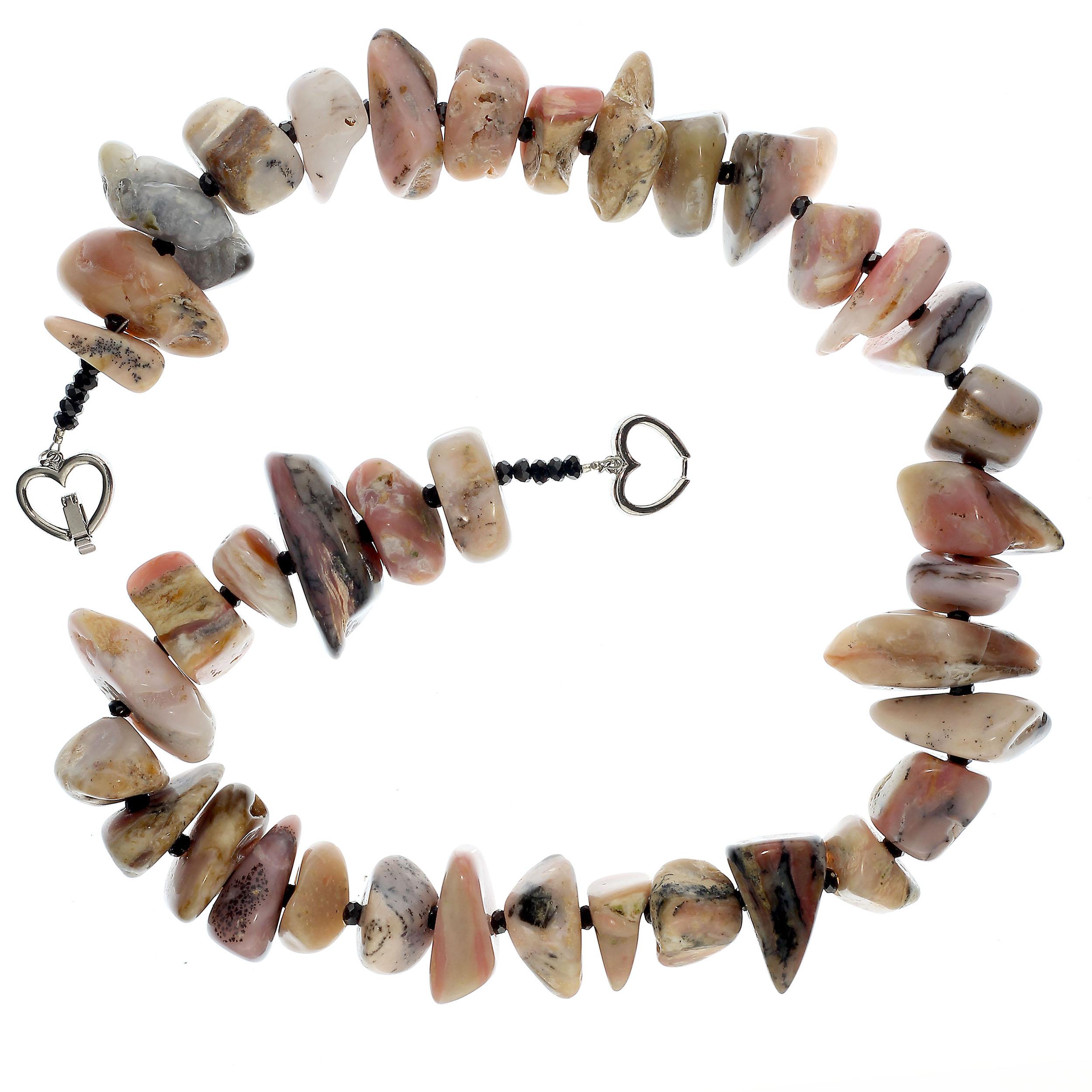 Bead AJD Necklace of Highly Polished Pink Peruvian Opal Nuggets and Black Spinel For Sale