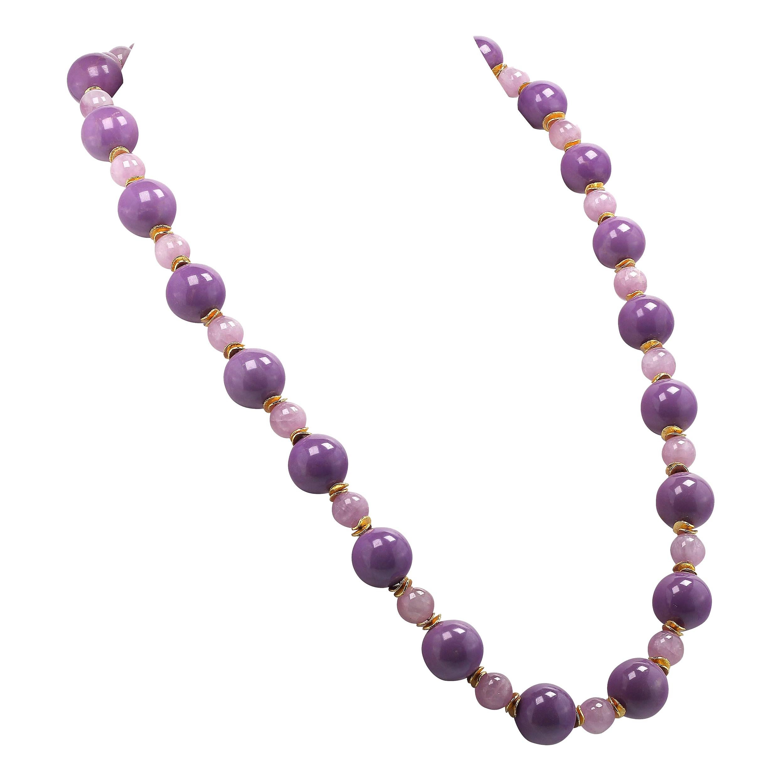 Women's or Men's  AJD Necklace of Mauve Phosphosiderite and Kunzite Beads with Gold Accents