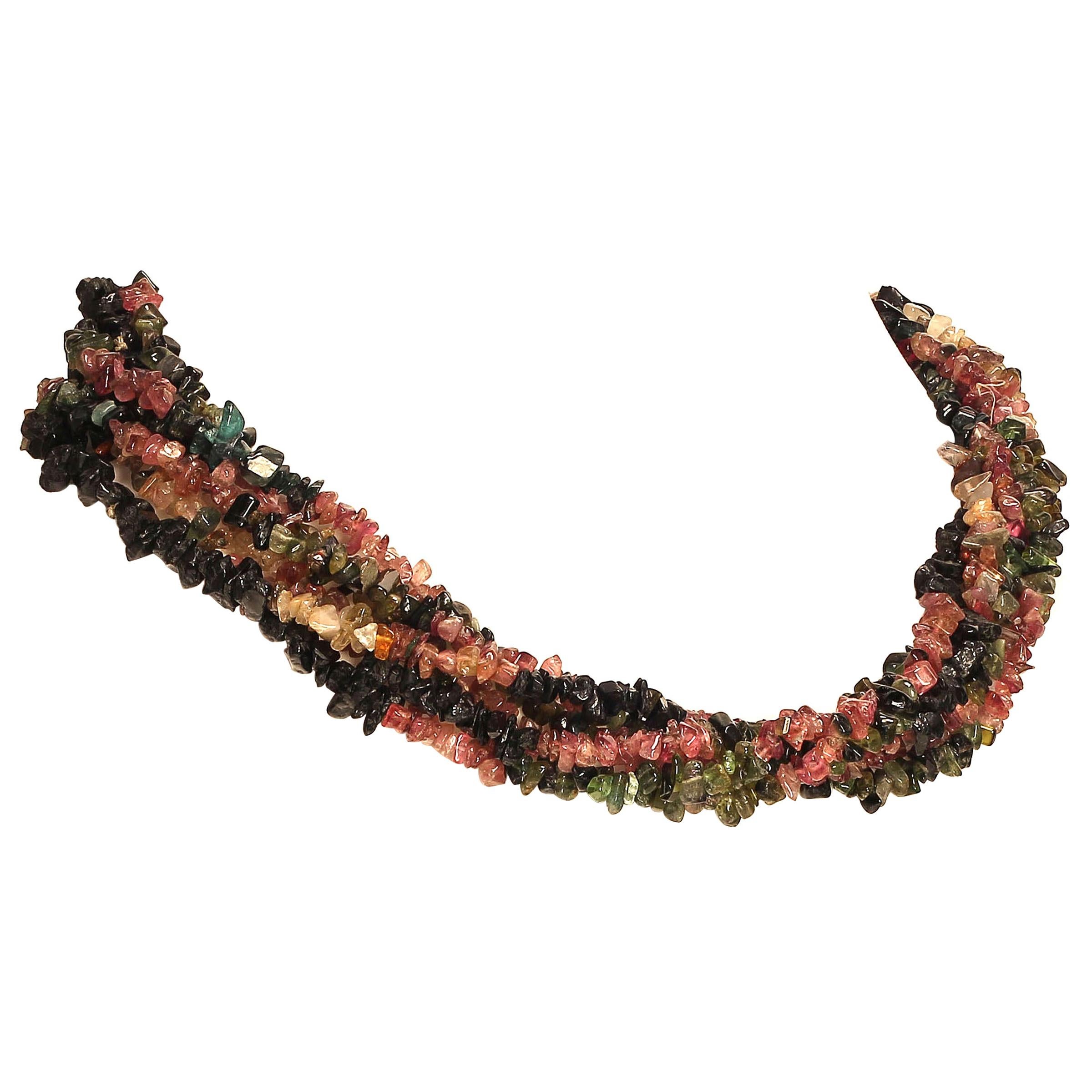 AJD Necklace of Three Circles of Multi-Color Tourmaline Chips