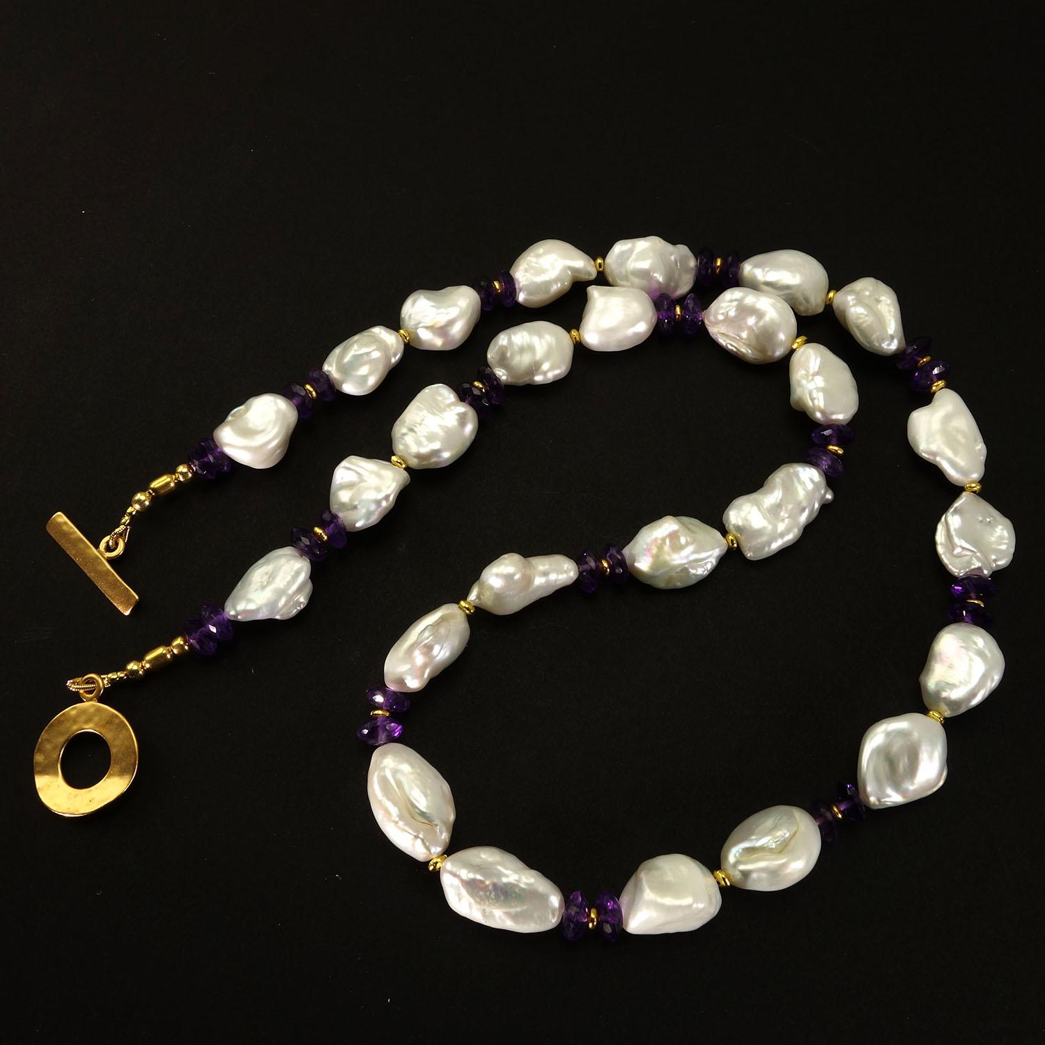 Artisan AJD 22 Inch Necklace of  Baroque Pearls and Amethyst Rondelles  June Birthstone