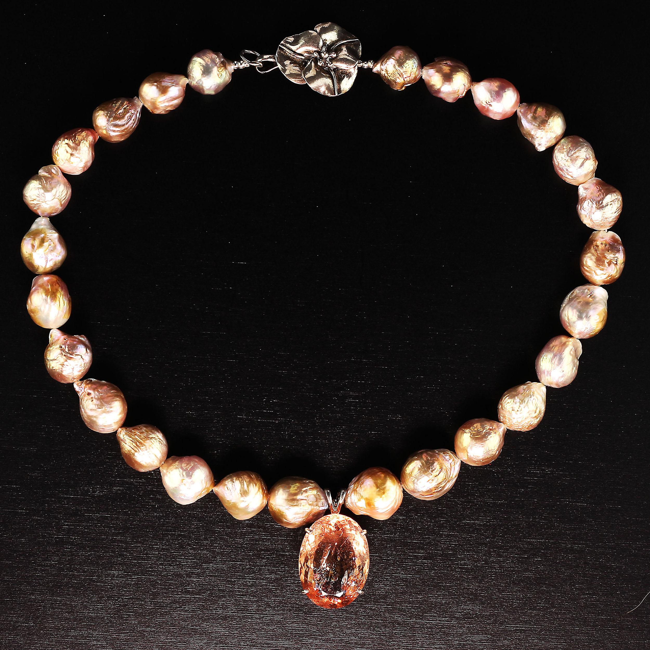 Oval Peach Morganite Pendant on Pearl Necklace June Birthstone 2