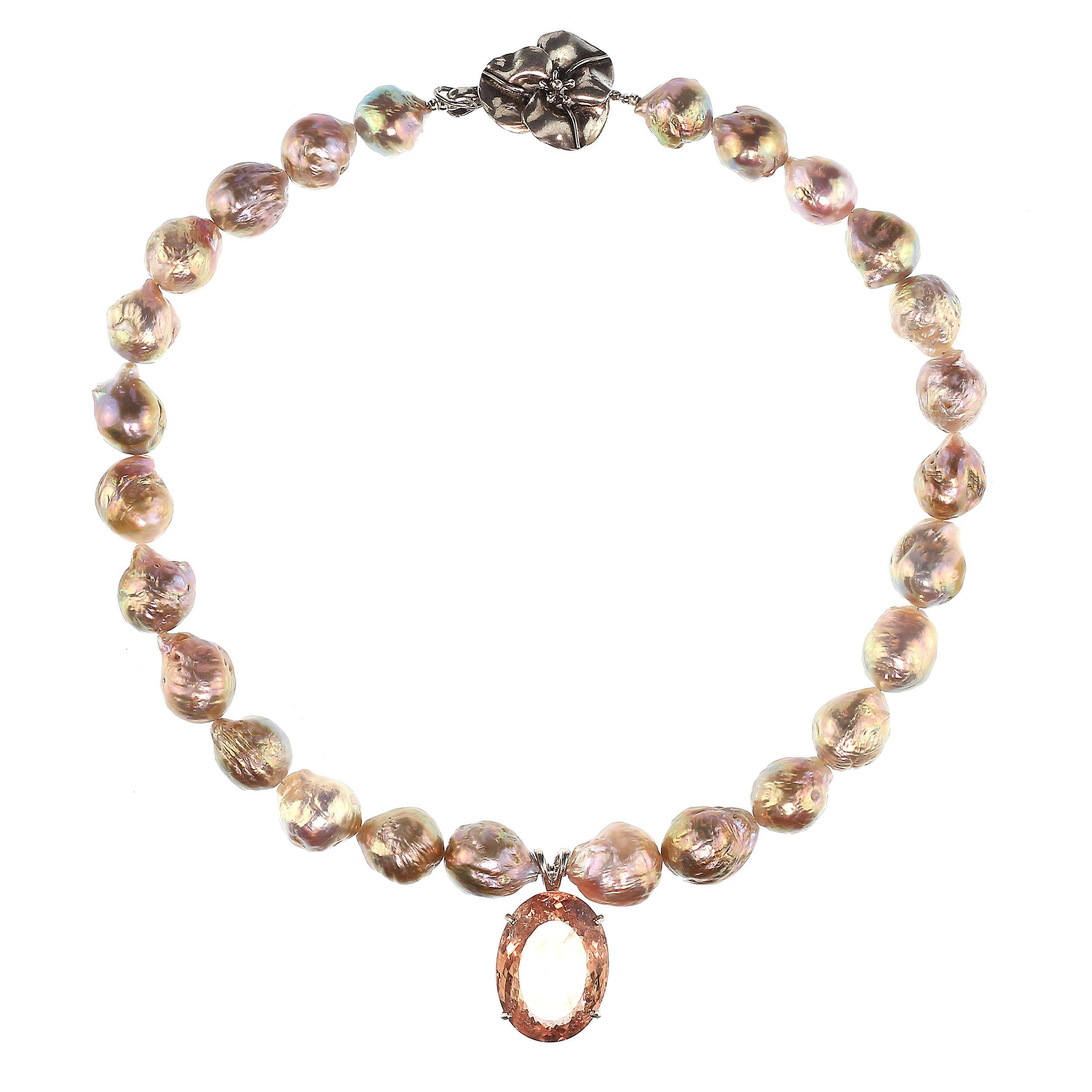 Oval Peach Morganite Pendant on Pearl Necklace June Birthstone 3