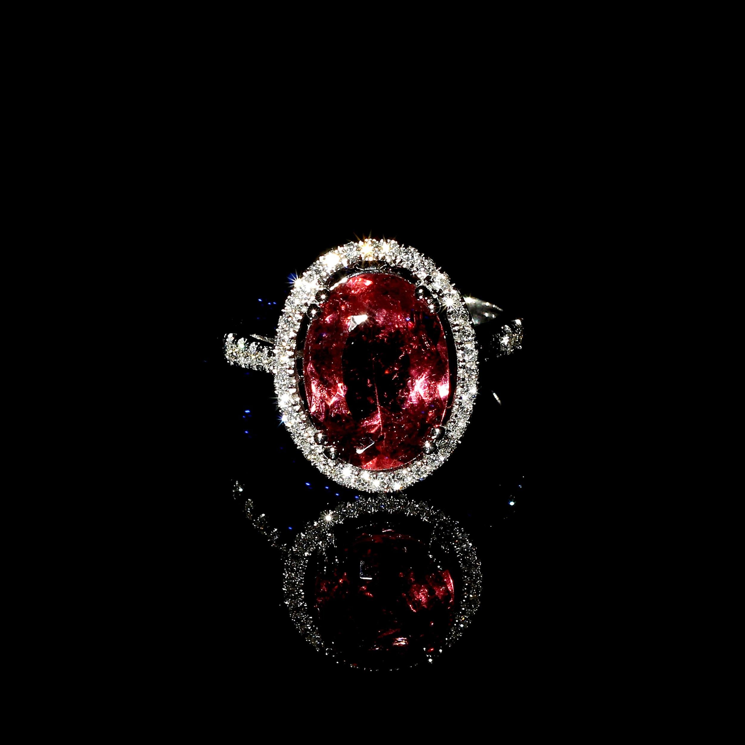 Artisan AJD Oval Pink Tourmaline Halo Set in Diamonds 14K white gold Ring For Sale