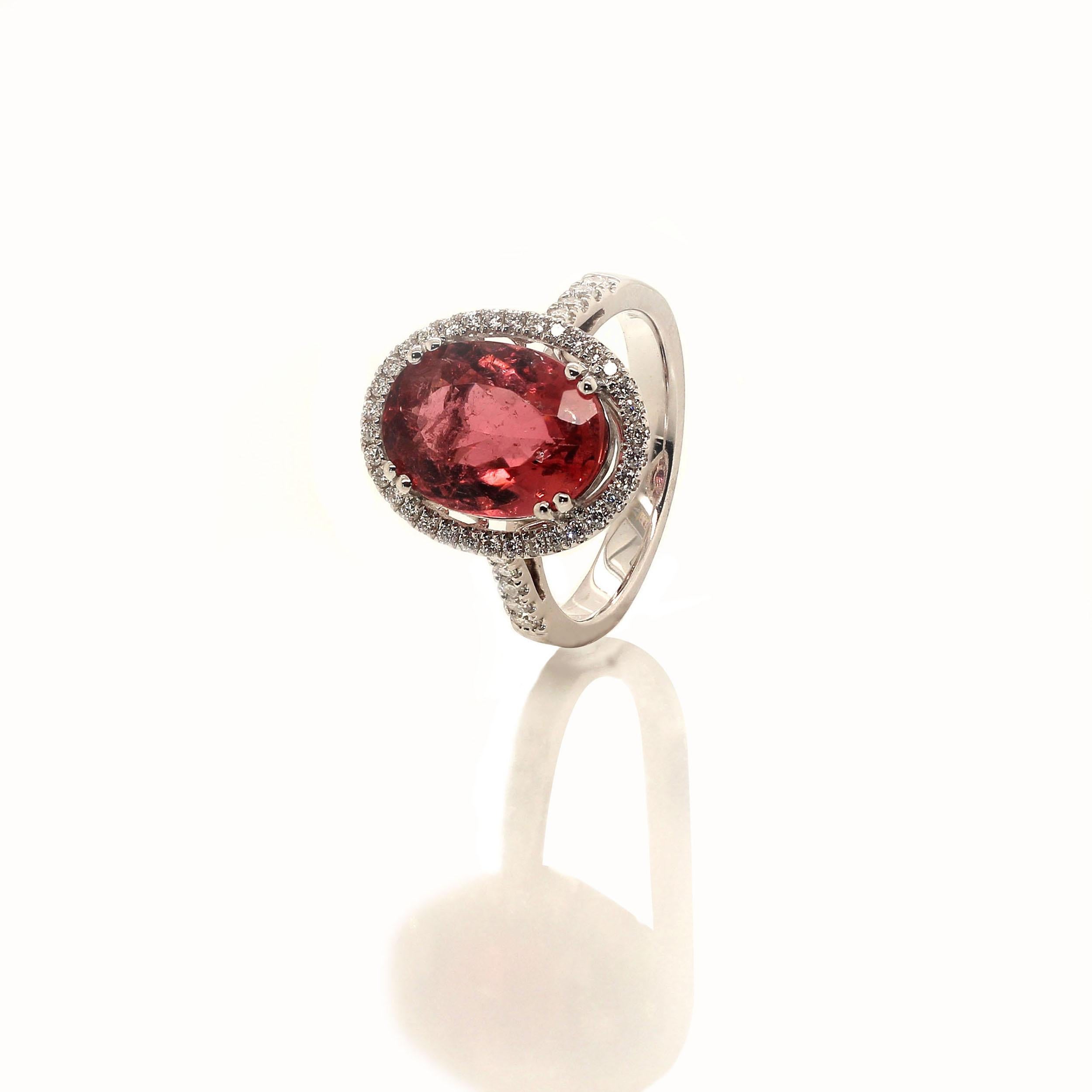 AJD Oval Pink Tourmaline Halo Set in Diamonds 14K white gold Ring For Sale 2