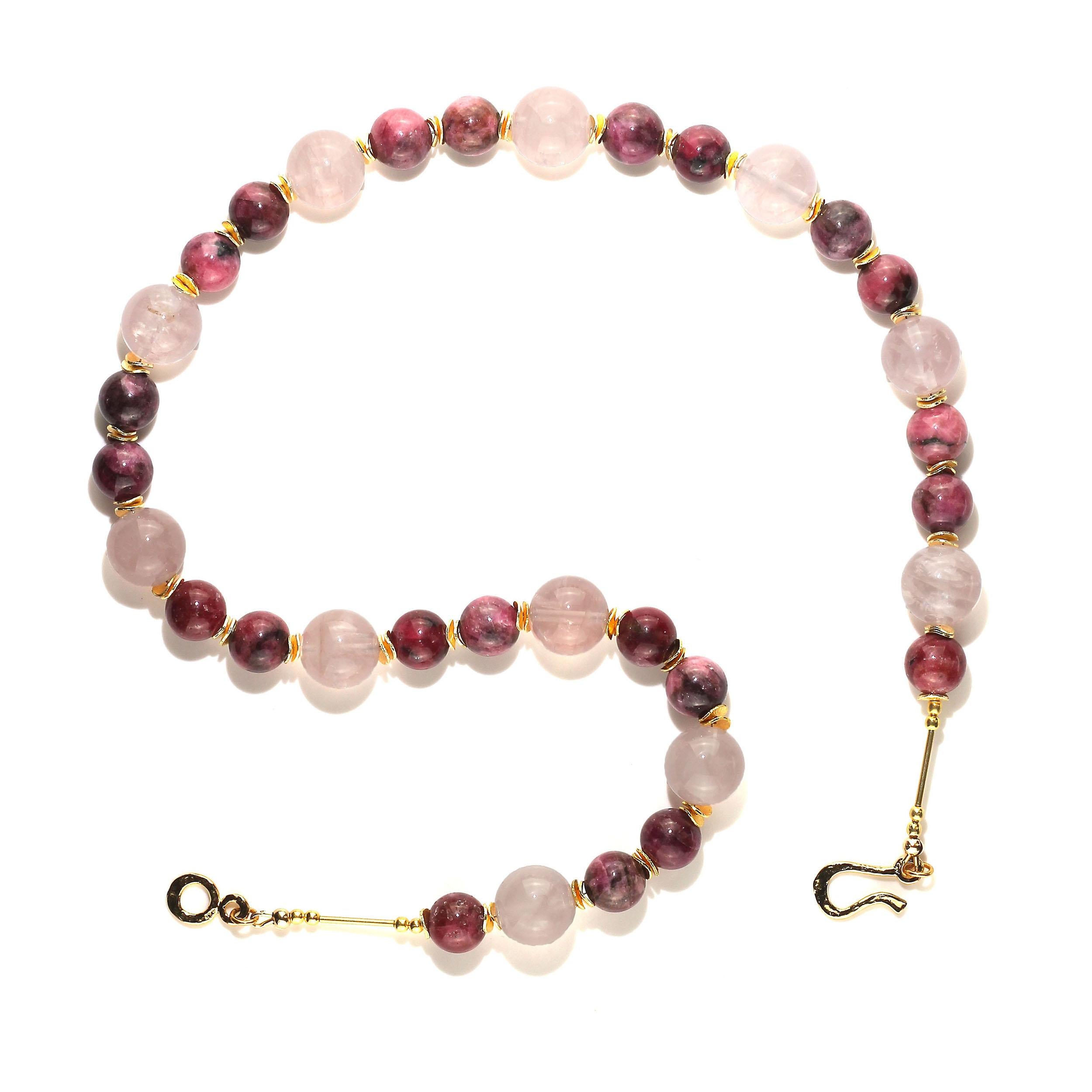 Bead AJD 24 Inch Necklace of Polished Rhodonite and Rose Quartz  Great Gift!!