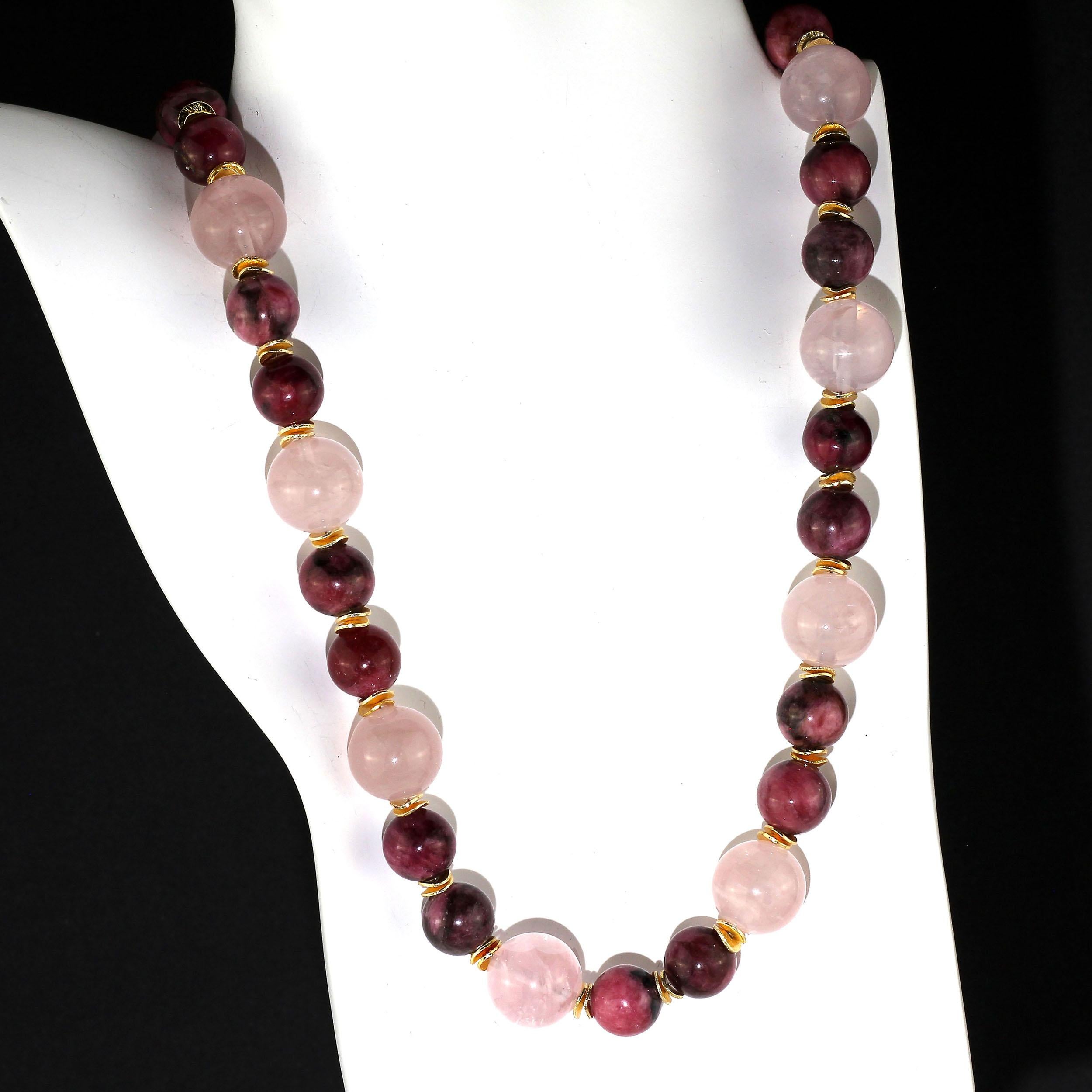  AJD Collier de 24 pouces en rhodolite polie et quartz rose  Super cadeau ! Unisexe 