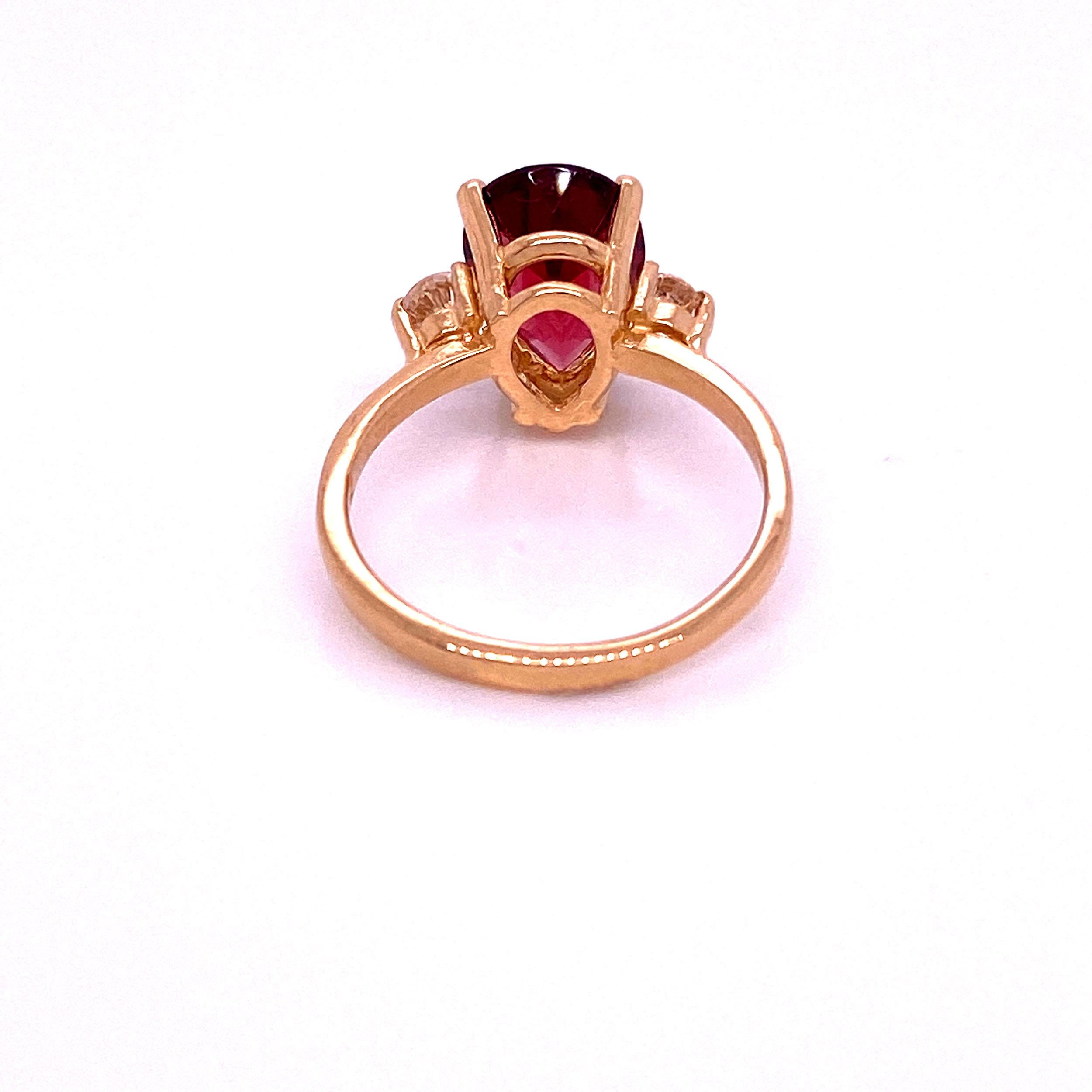 Artisan  Gemjunky Pear Shape Rhodolite Garnet and  White Sapphires Gold Ring 