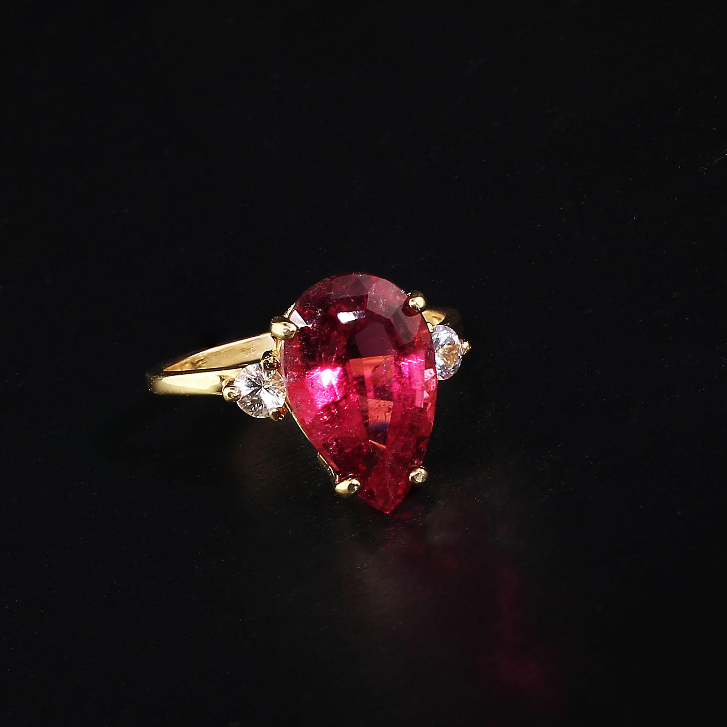 AJD Pear Shape Rubelite & White Sapphires in Gold Ring For Sale 2