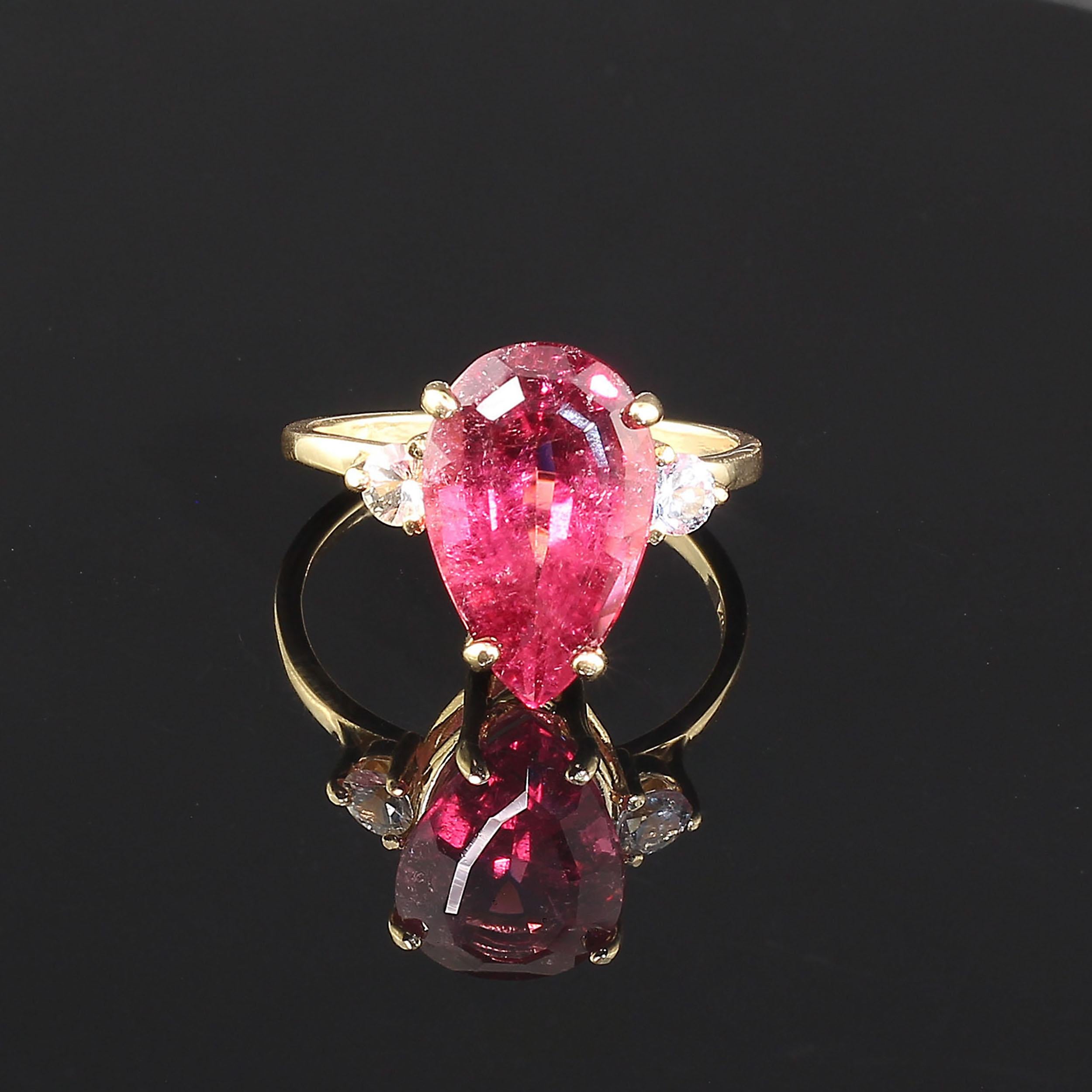 Artisan AJD Pear Shape Rubelite & White Sapphires in Gold Ring For Sale