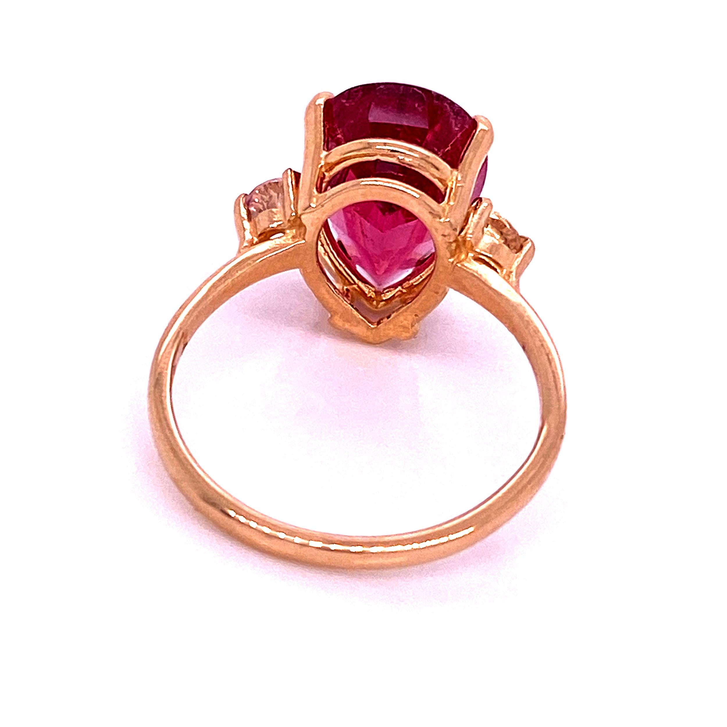Pear Cut AJD Pear Shape Rubelite & White Sapphires in Gold Ring For Sale