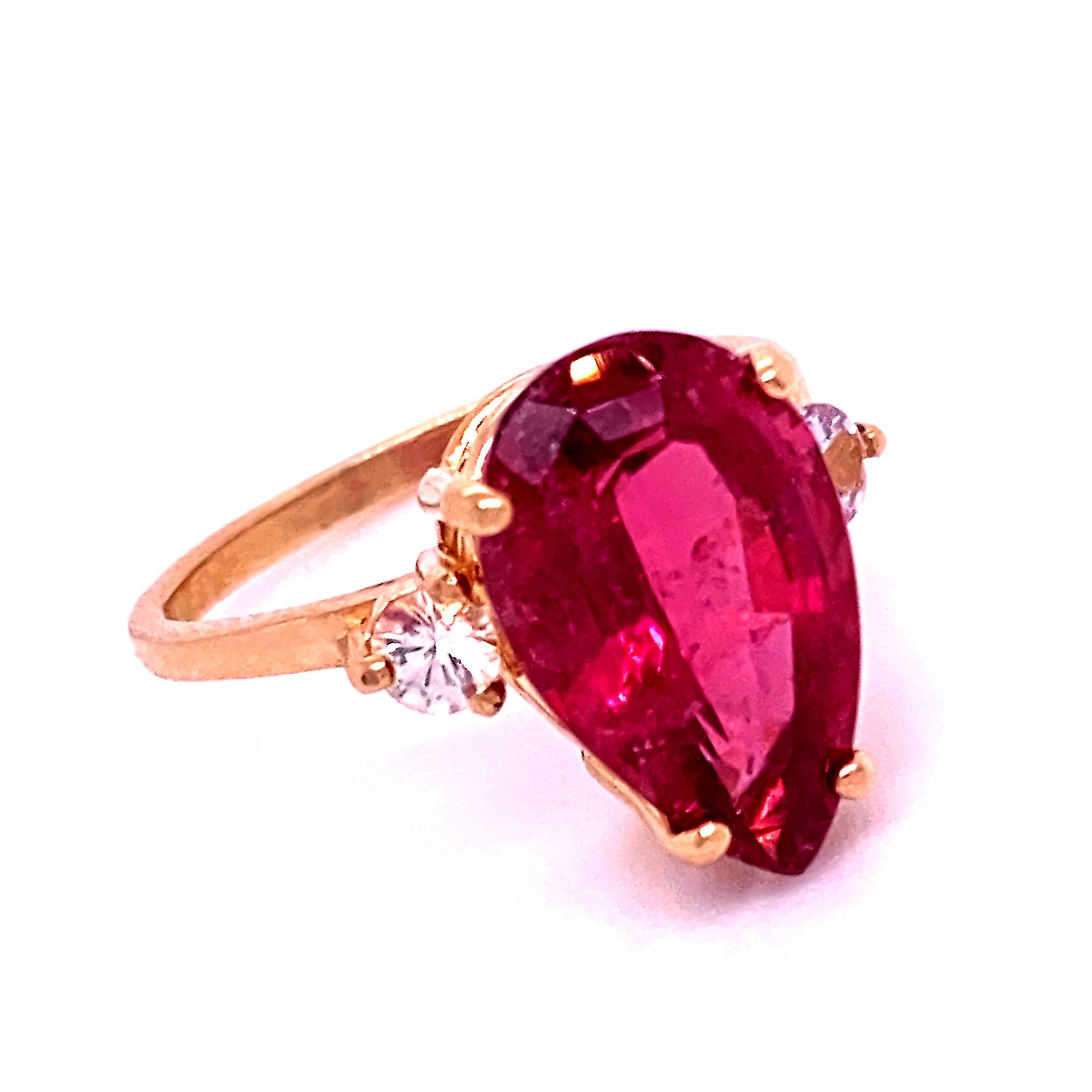 AJD Pear Shape Rubelite & White Sapphires in Gold Ring For Sale 1