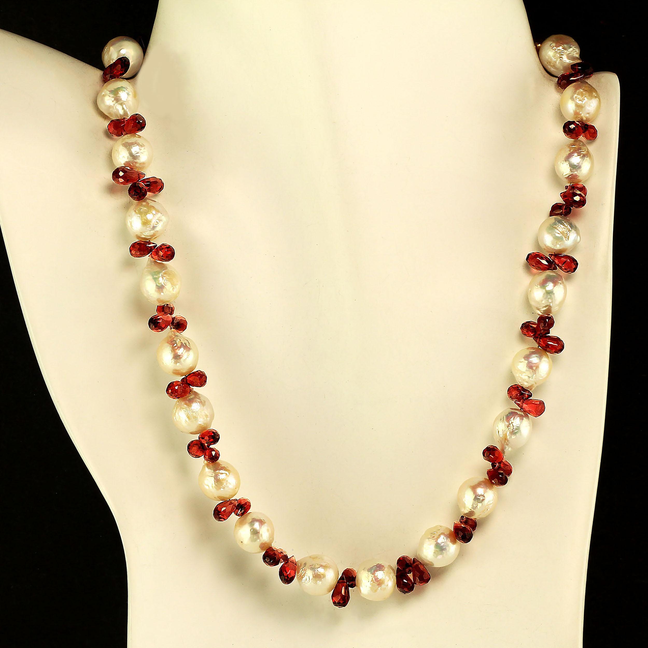 Artisan AJD Creamy Pearls & Garnet Briolette 14 Inch Choker Necklace January Birthstone For Sale