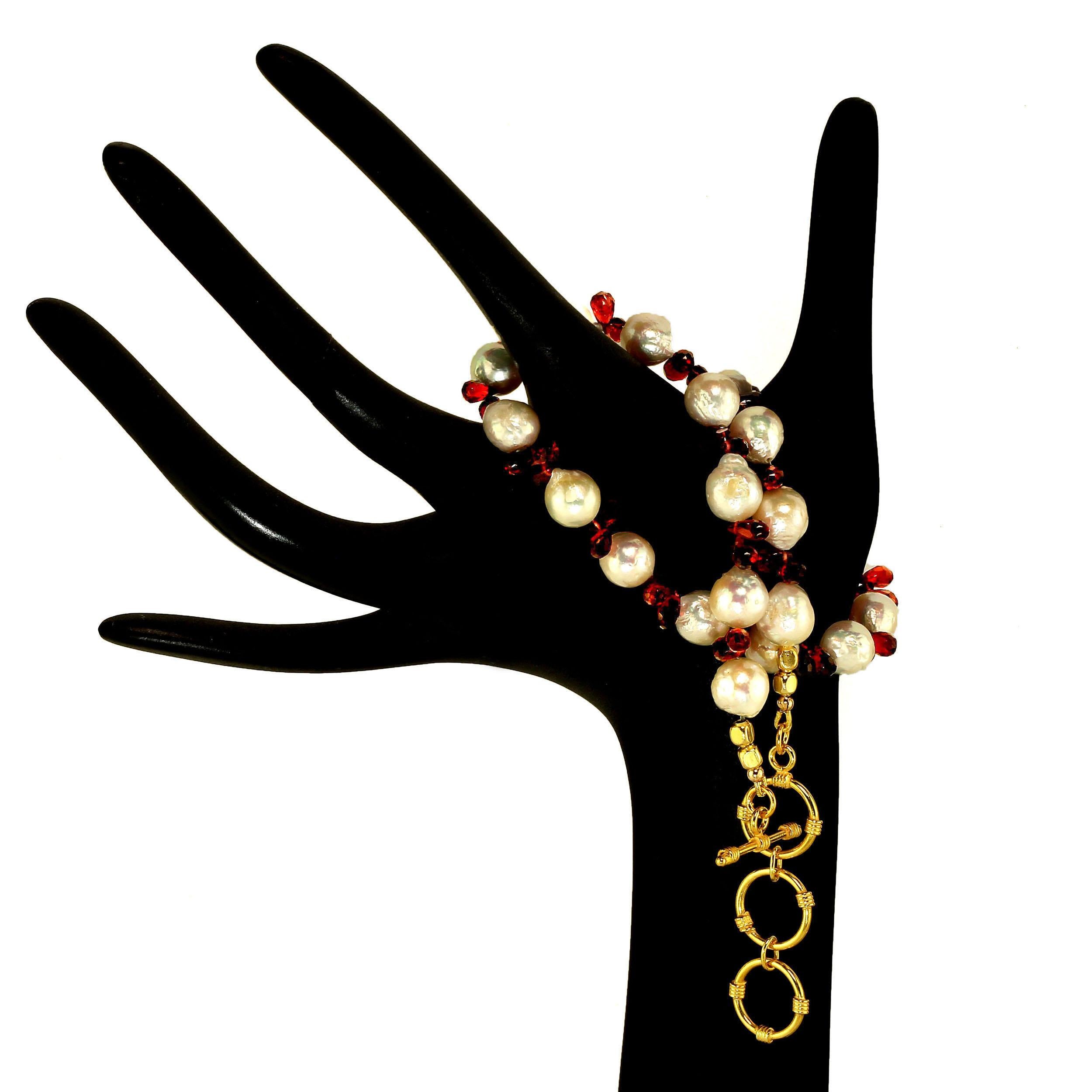 Artisan AJD Creamy Pearls & Garnet Briolette 14 Inch Choker Necklace January Birthstone For Sale
