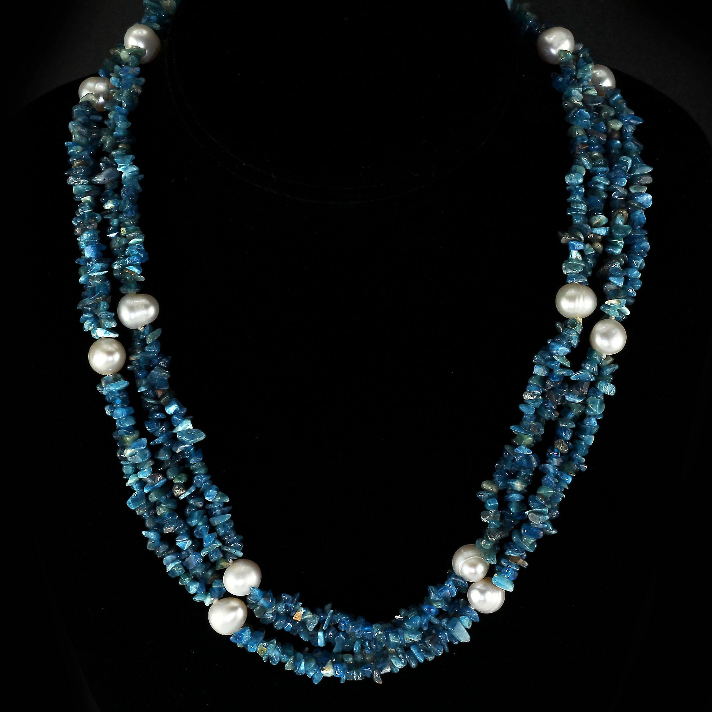 38 Inch Infinity Necklace of Beautiful Teal Blue Apatite Chips in Two rows with White freshwater Pearl accents.  The lovely bright blue chips are that distinctive Apatite color.  Great necklace to add color and style to your ensemble.  The necklace