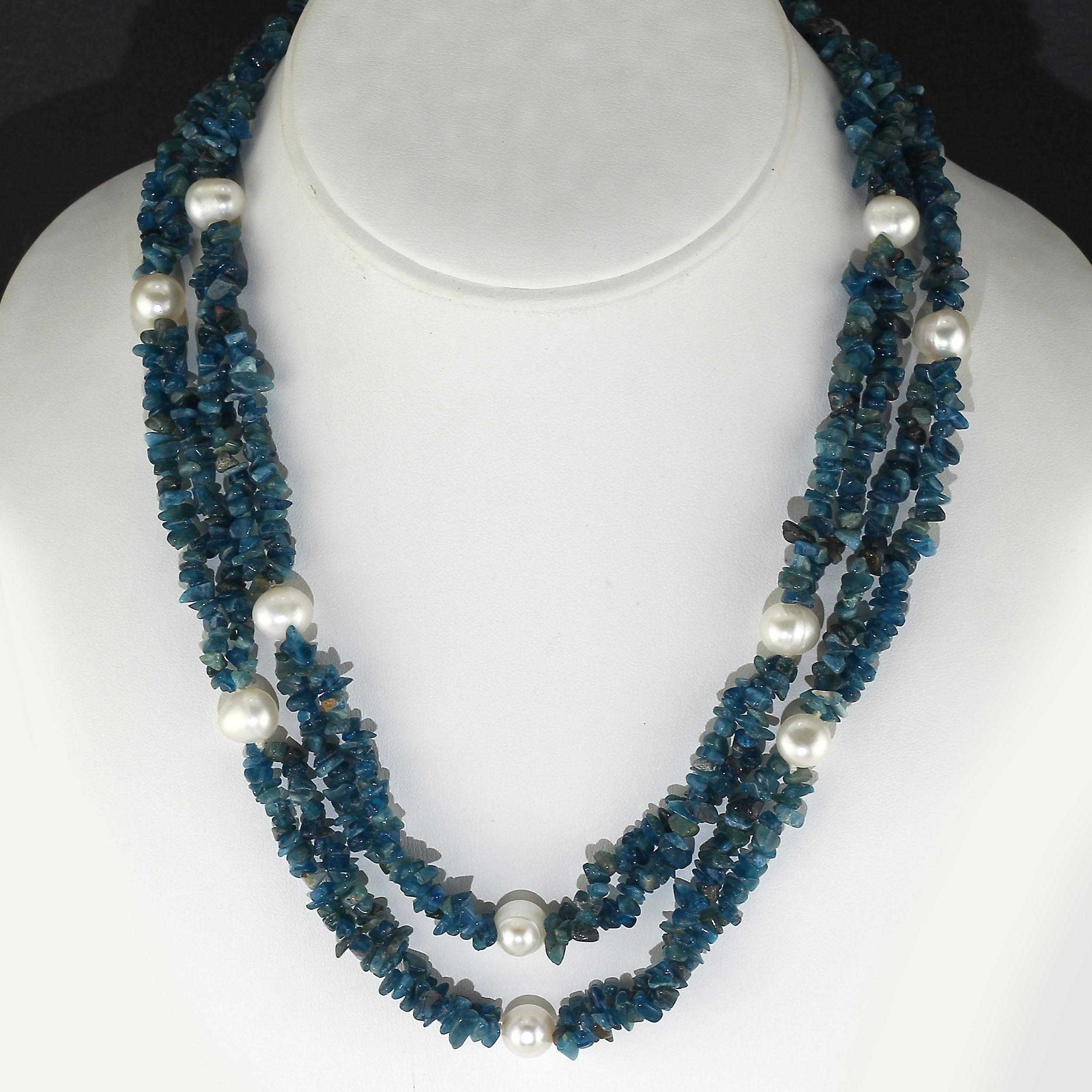 Artisan Gemjunky Polished Apatite Chips Double Strand Necklace with Pearl Enhancements