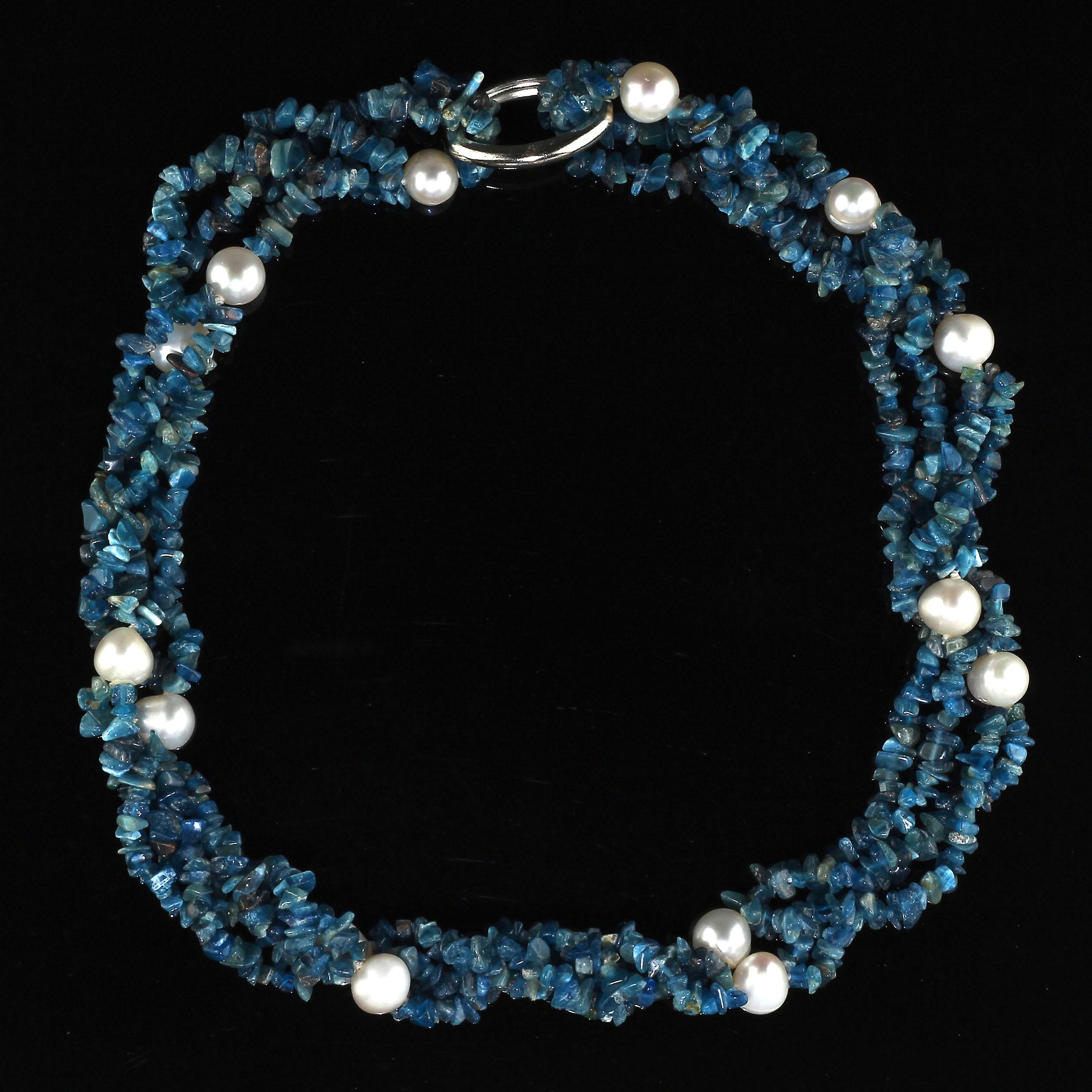 Bead Gemjunky Polished Apatite Chips Double Strand Necklace with Pearl Enhancements