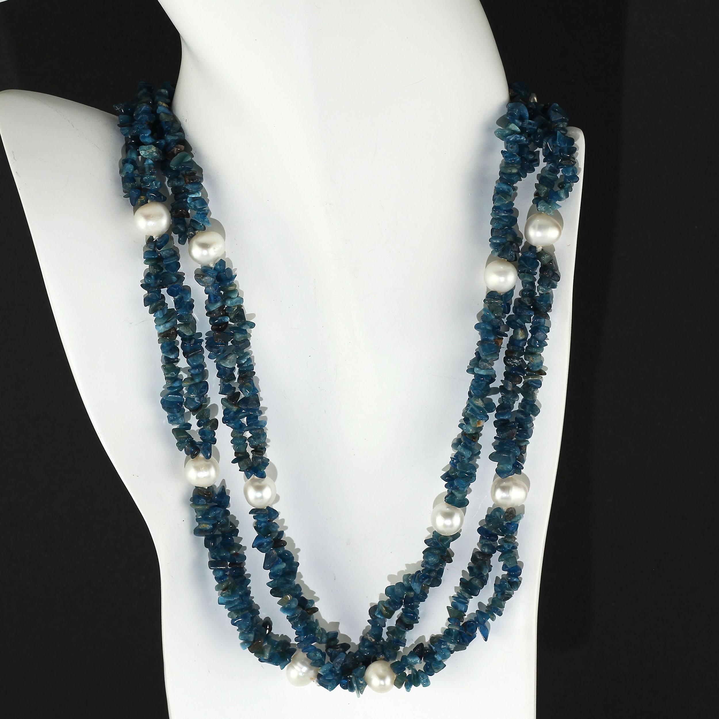 Women's or Men's Gemjunky Polished Apatite Chips Double Strand Necklace with Pearl Enhancements