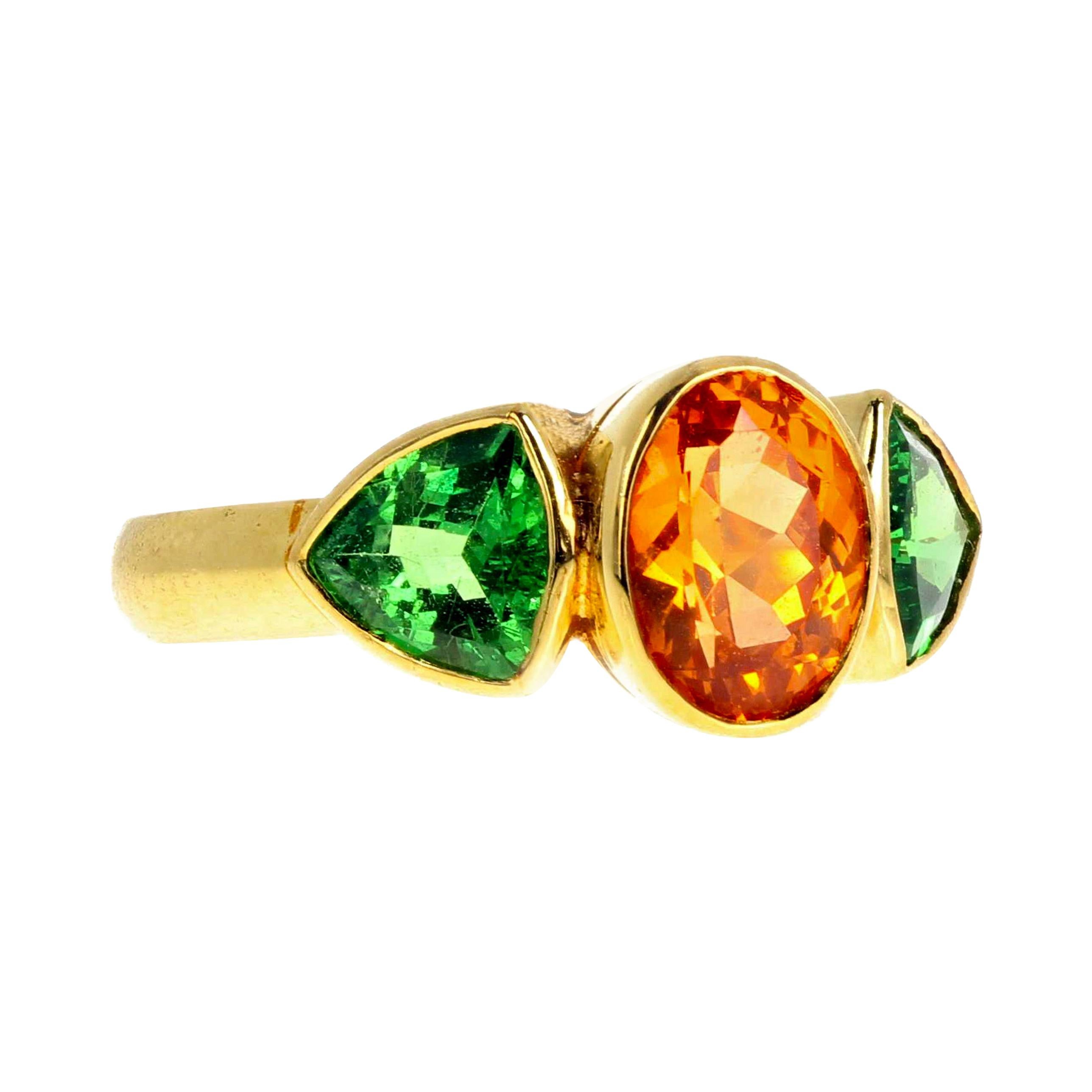 AJD RARE Glittering Spessartite & Green Garnet 18k Yellow Gold Ring