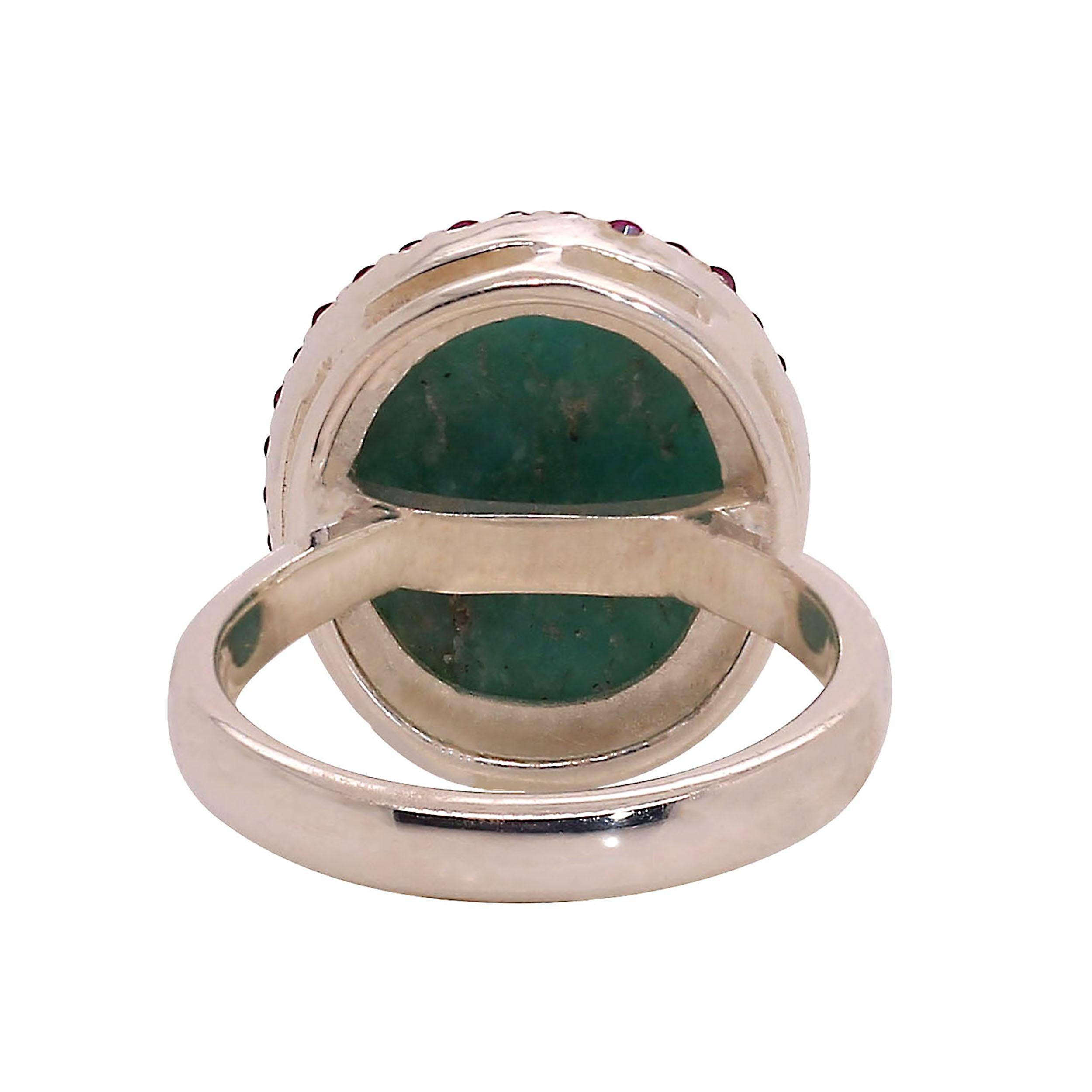 Artisan AJD Ring of Glowing Green Amazonite Surrounded by Pink Sapphires