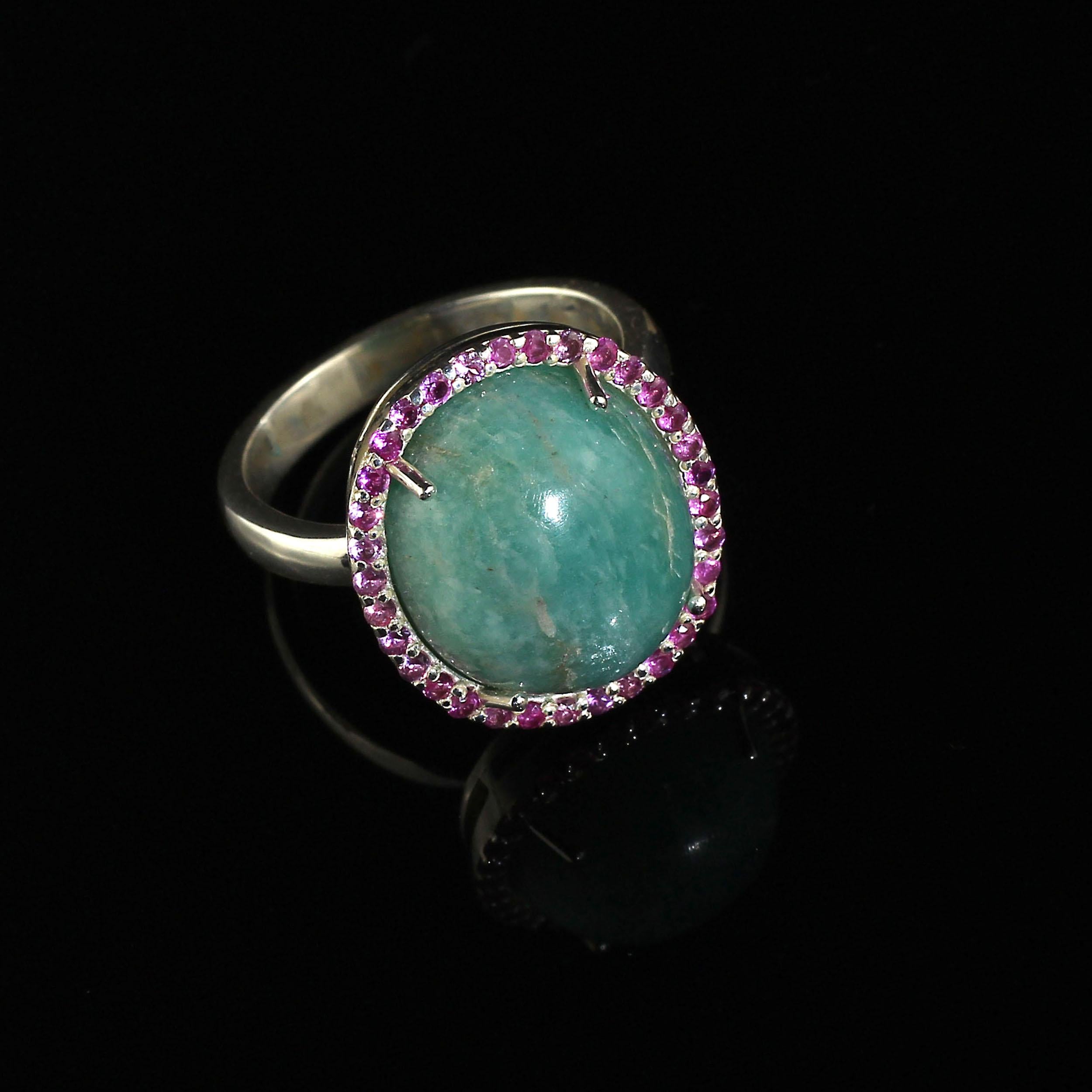 Cabochon AJD Ring of Glowing Green Amazonite Surrounded by Pink Sapphires