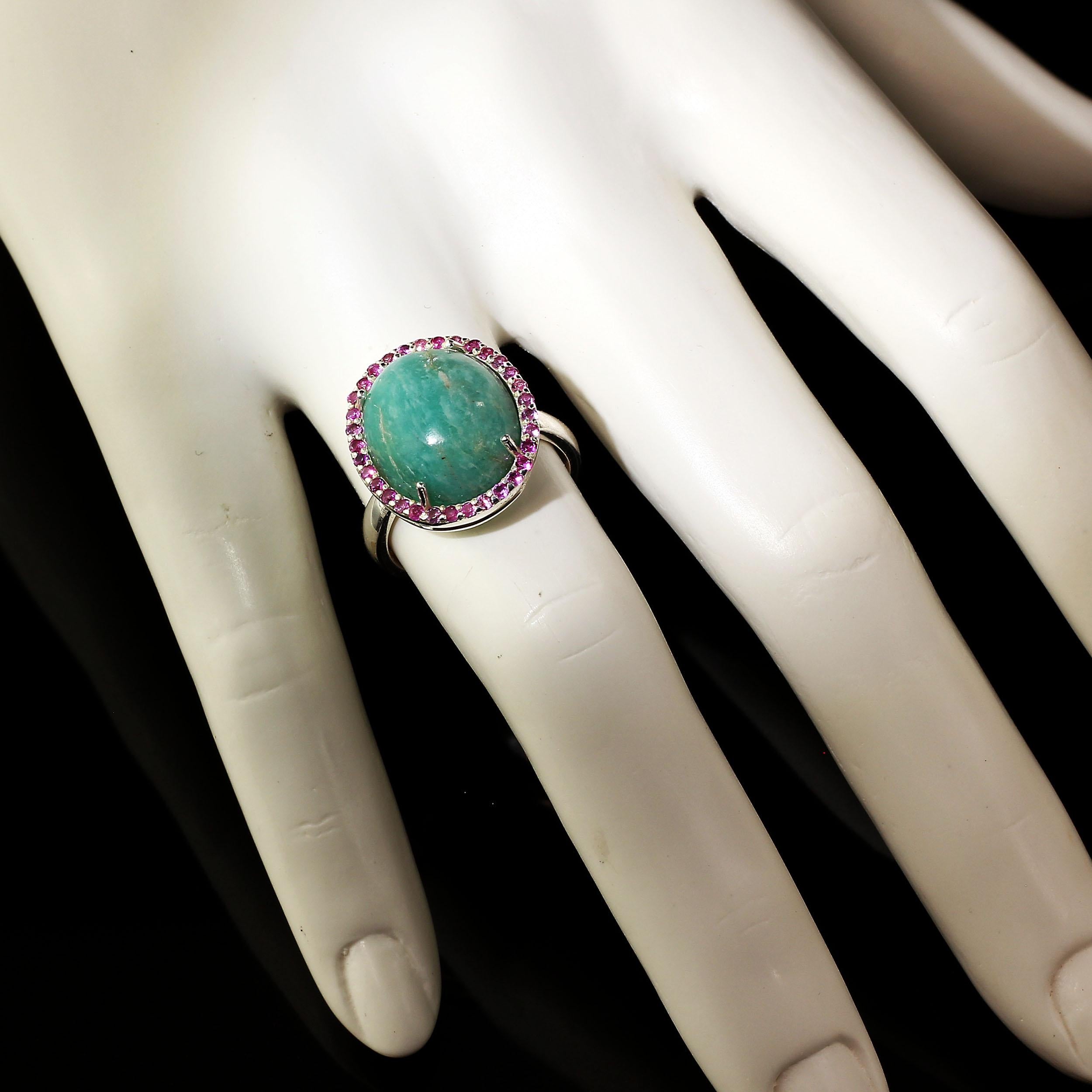 AJD Ring of Glowing Green Amazonite Surrounded by Pink Sapphires In New Condition In Raleigh, NC