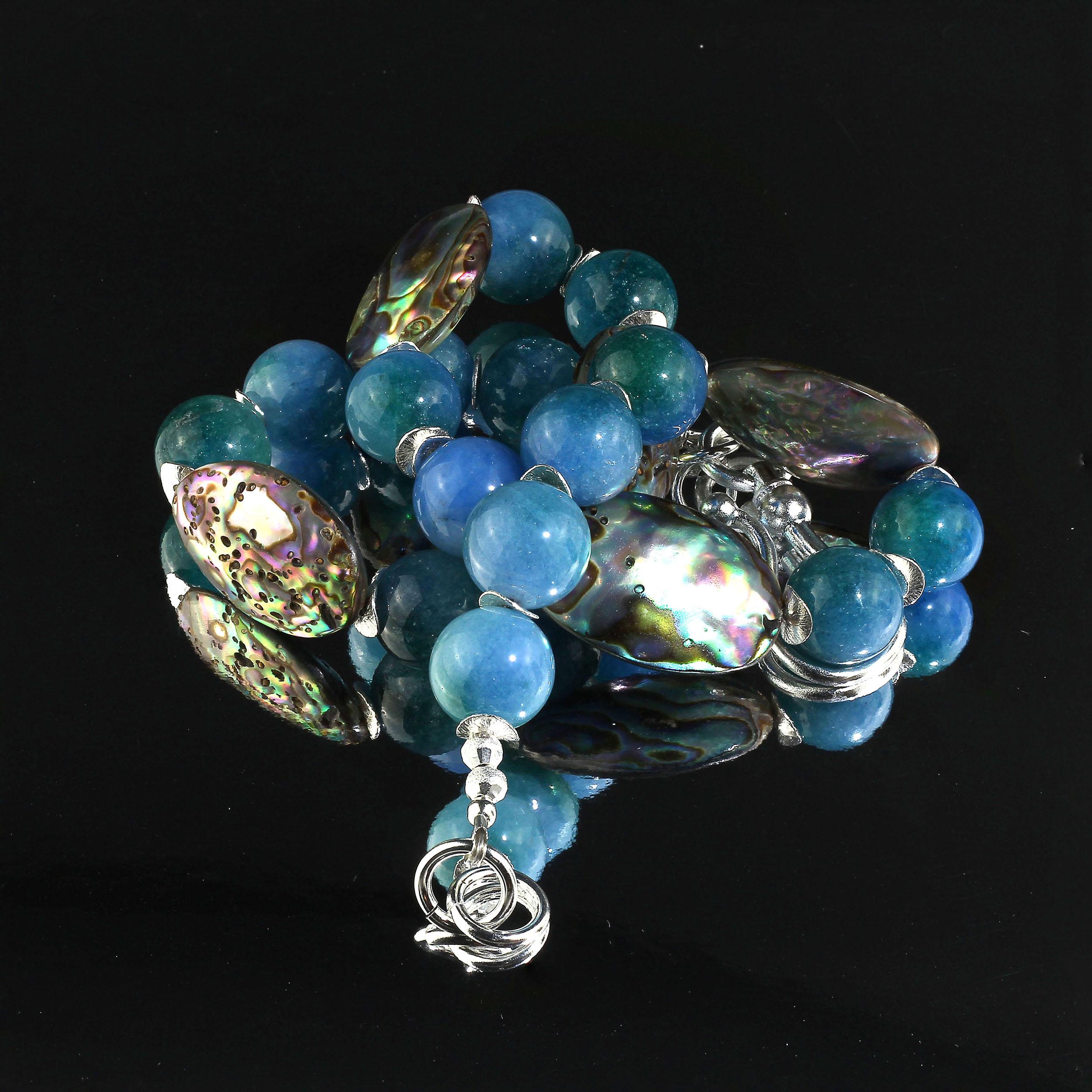 Artisan AJD Romantic Iridescent Paua Shell & Teal Agate Necklace & Silver Accents