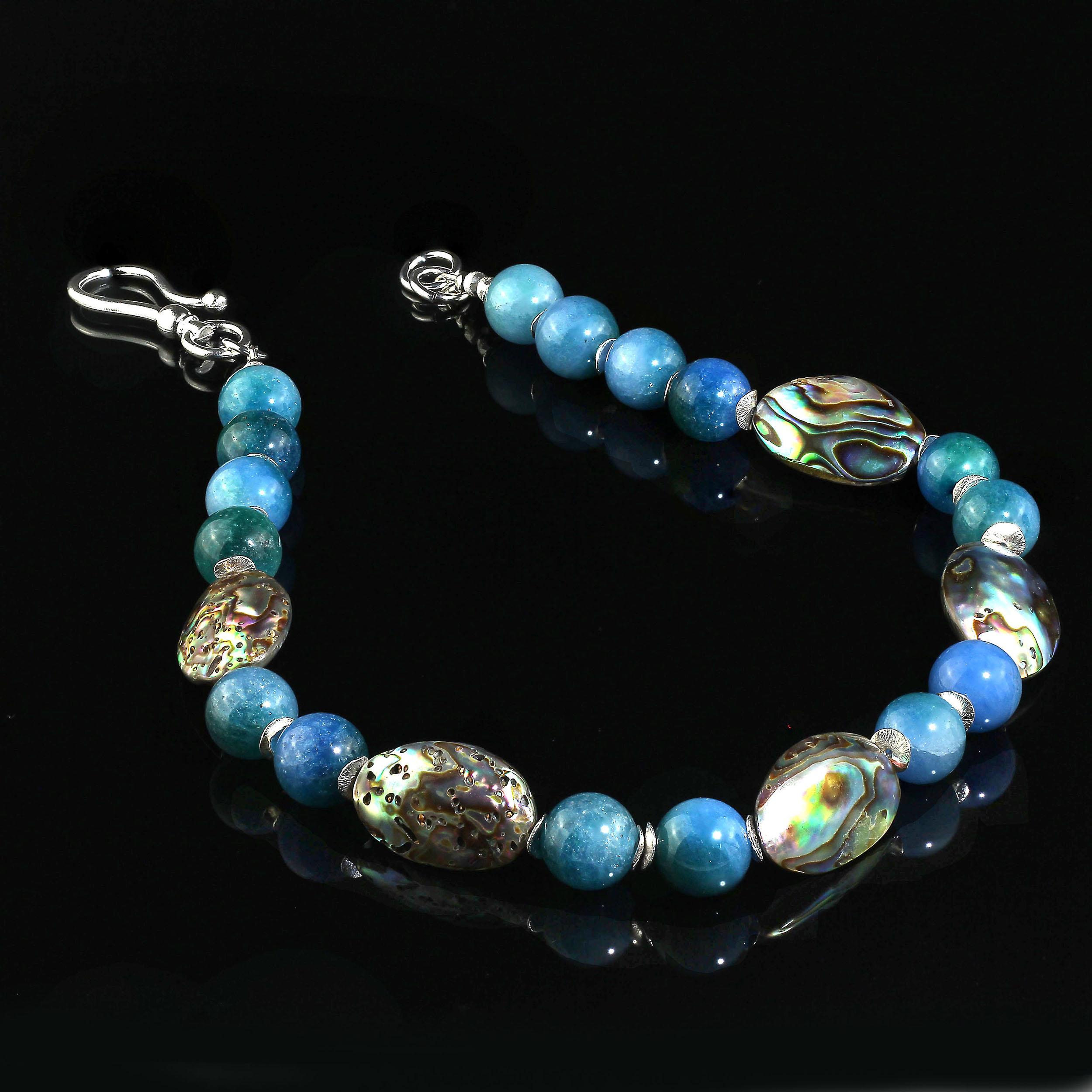 Bead AJD Romantic Iridescent Paua Shell & Teal Agate Necklace & Silver Accents