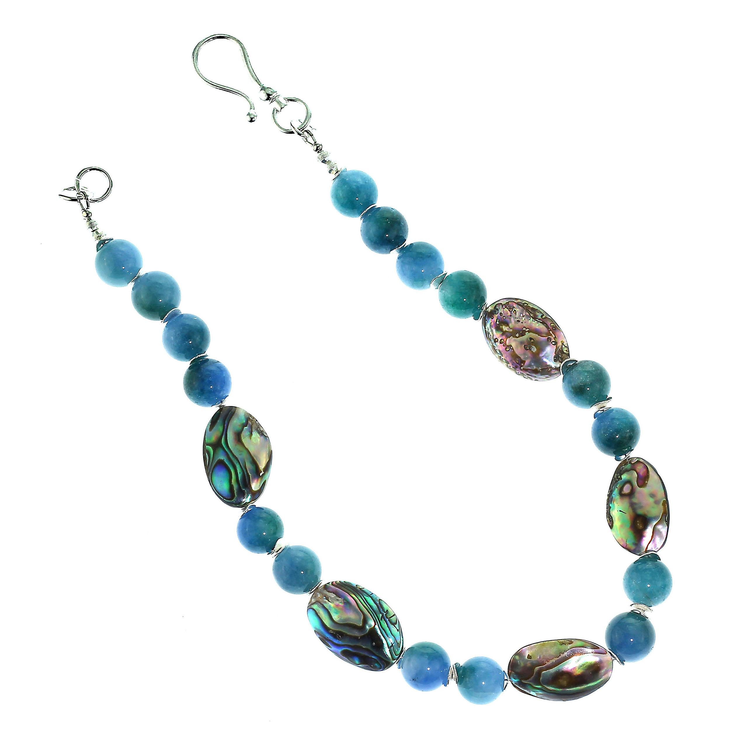 AJD Romantic Iridescent Paua Shell & Teal Agate Necklace & Silver Accents In New Condition In Raleigh, NC