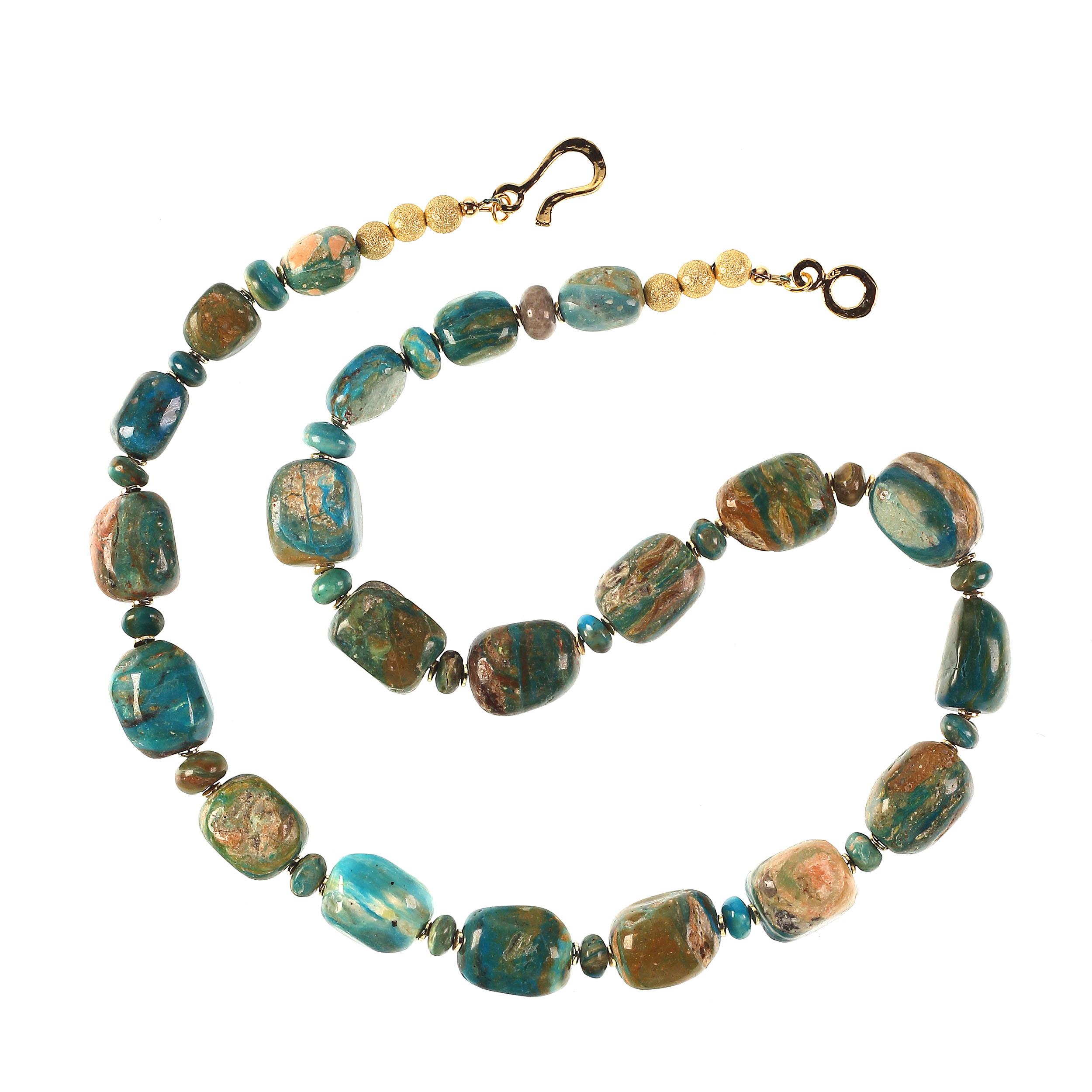 Artist Rustic Blue and Tan Peruvian Opal Cube Necklace with Goldy Accents
