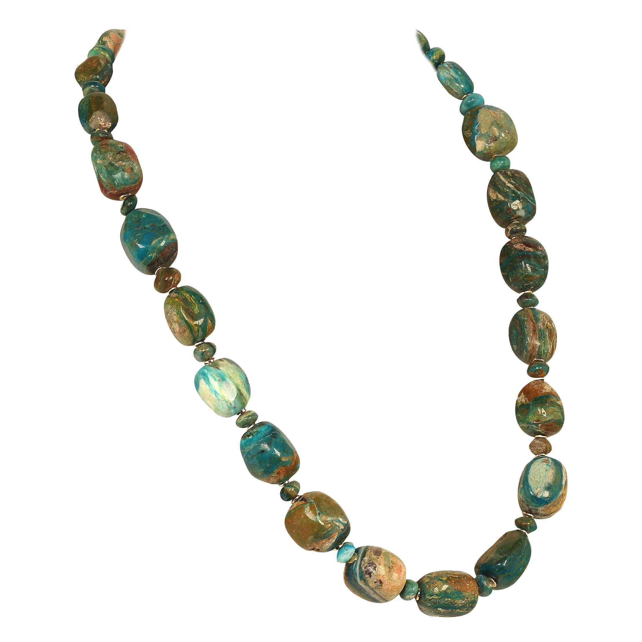Rustic Blue and Tan Peruvian Opal Cube Necklace with Goldy Accents