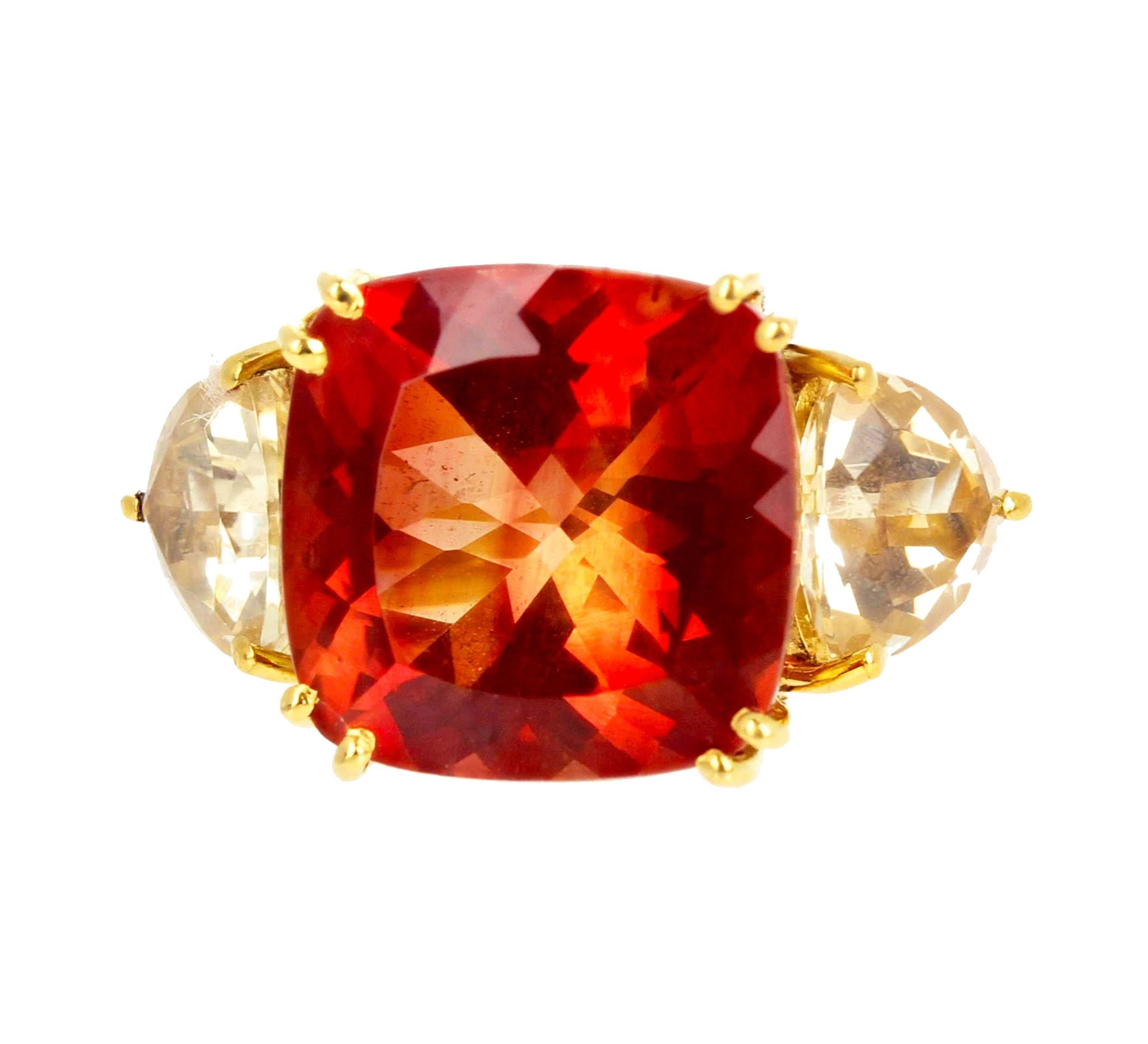 Gorgeous set of brilliant glittering red 12 Ct. orangy red natural Andecine Labradorites enhanced with gem cut trillion sparkling bright pale Citrines set in 18K yellow gold ring size 7 (sizable FOR FREE).  The bright yellow Zircon and orangy